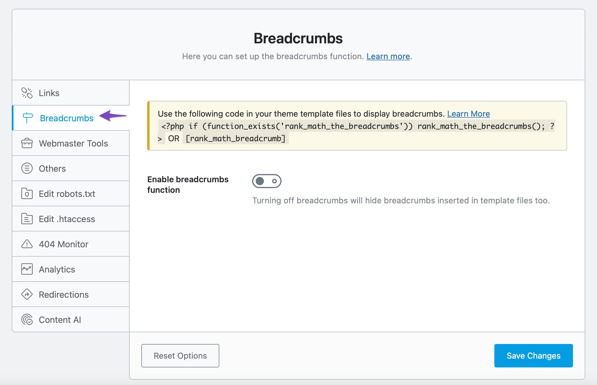 Open Breadcrumb settings in Rank Math