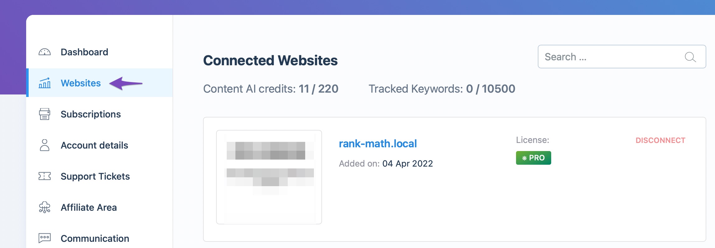 Connected website in Rank Math account area