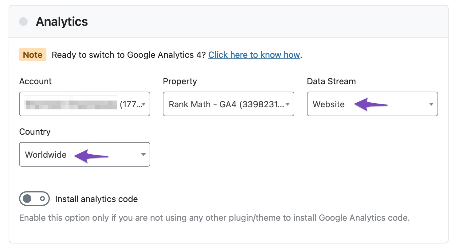 Choose Website data stream and country
