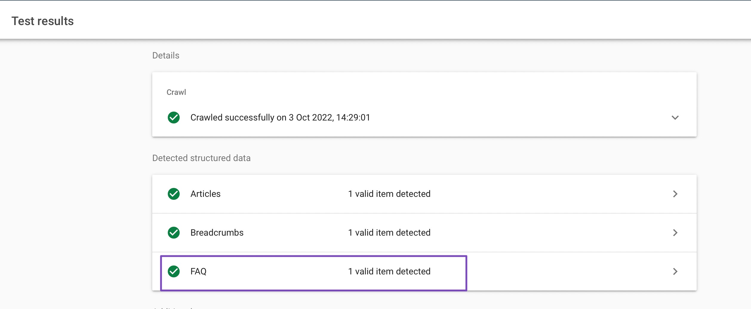 FAQ block in Google rich result test