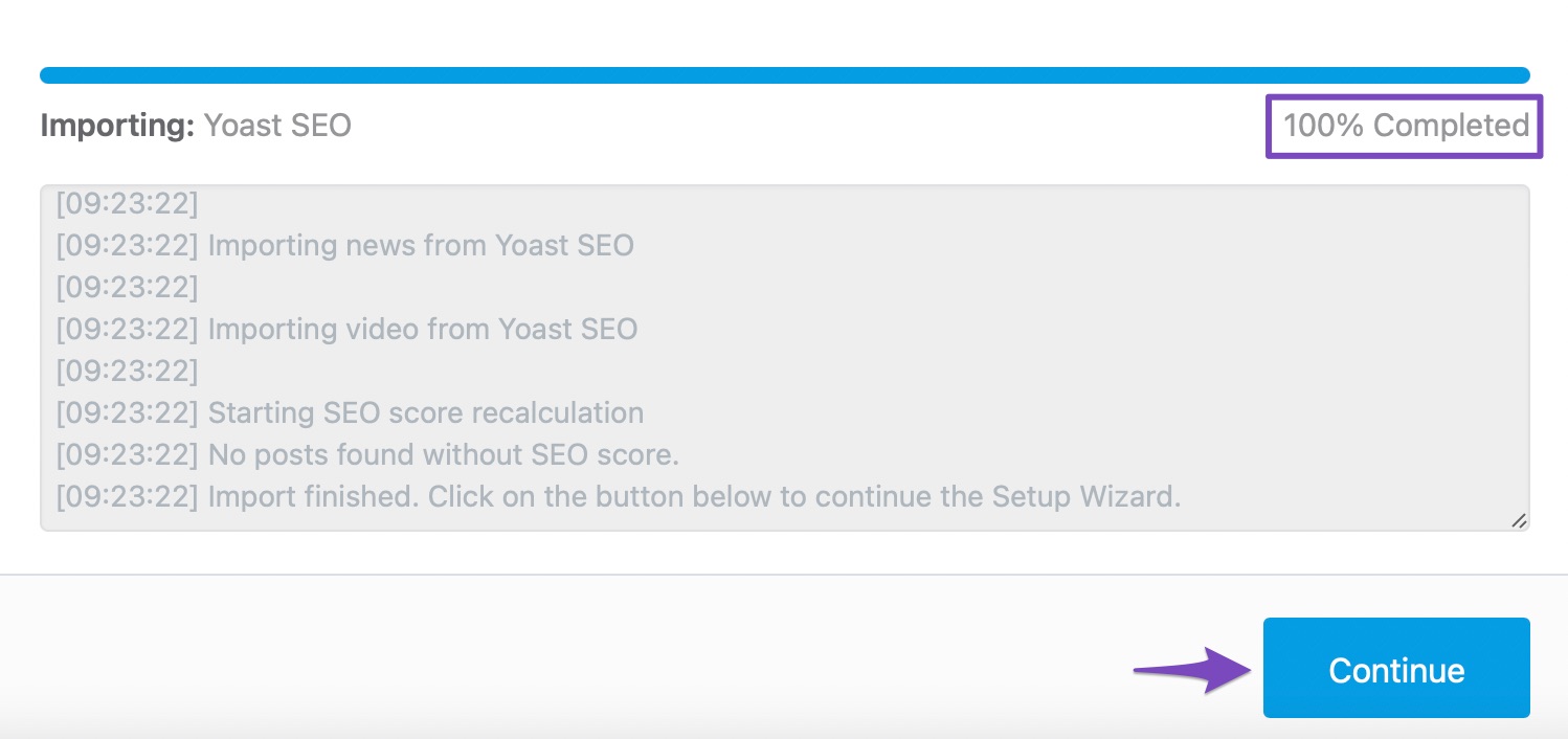 Importing data from Yoast SEO to Rank Math completed