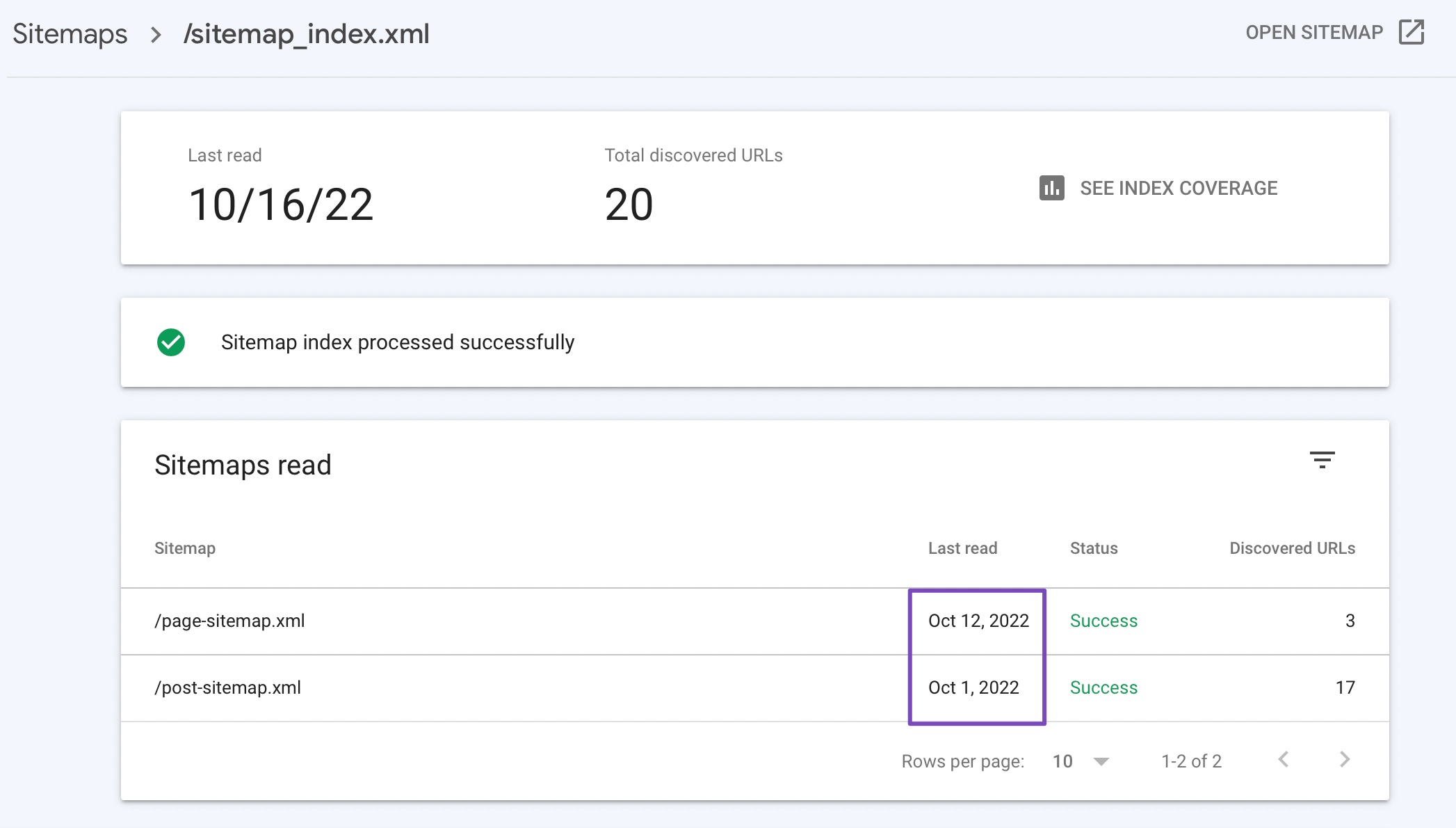 Last read date of individual sitemaps