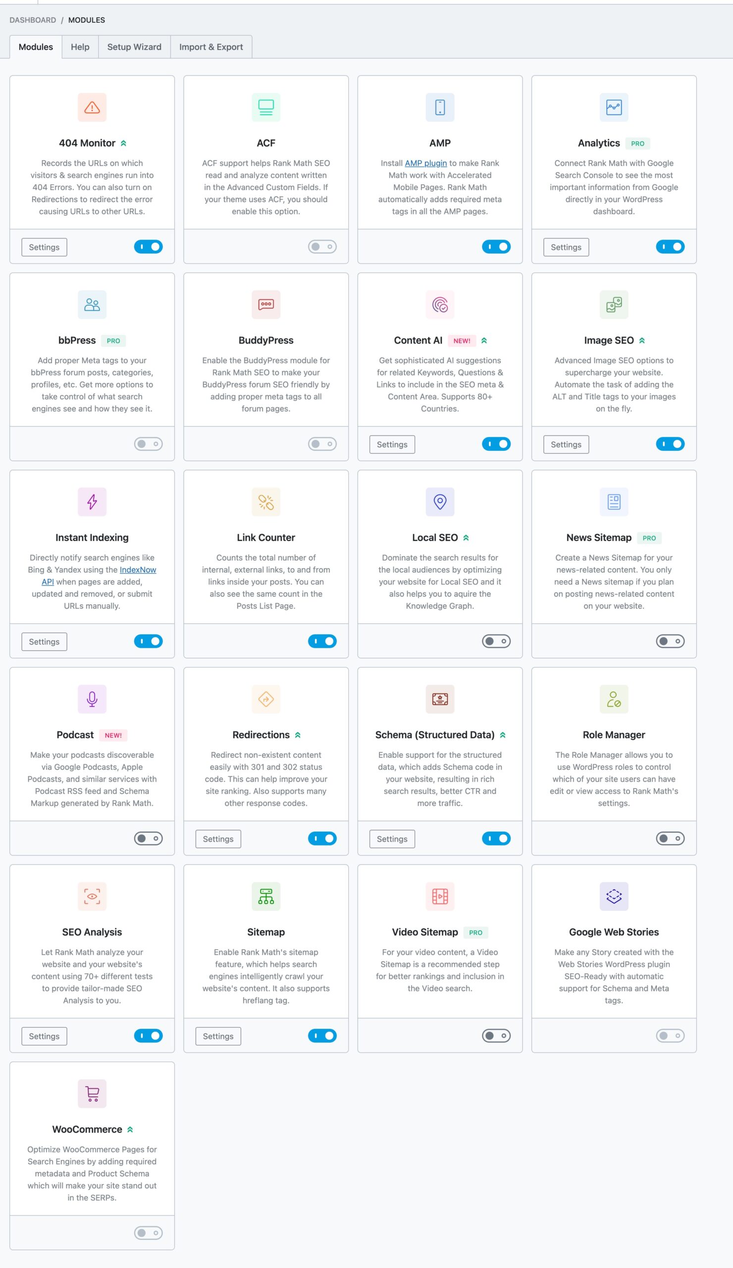 Modules available in Rank Math advanced mode