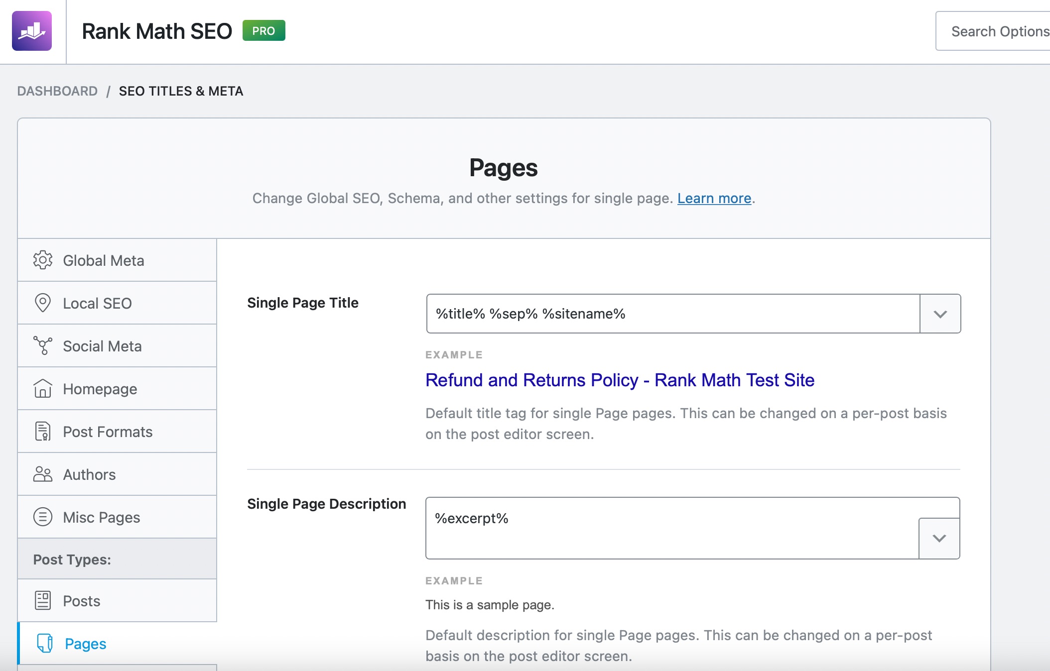 SEO settings for Pages