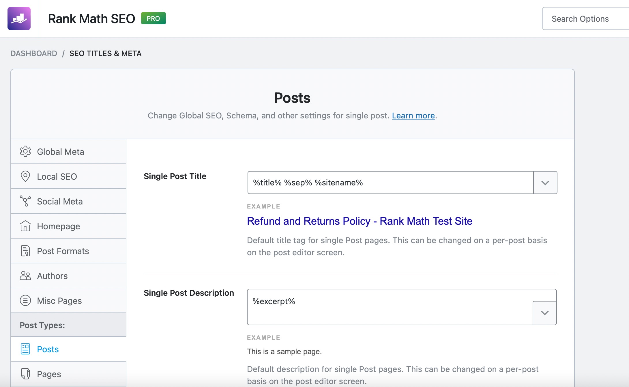 SEO settings for Posts