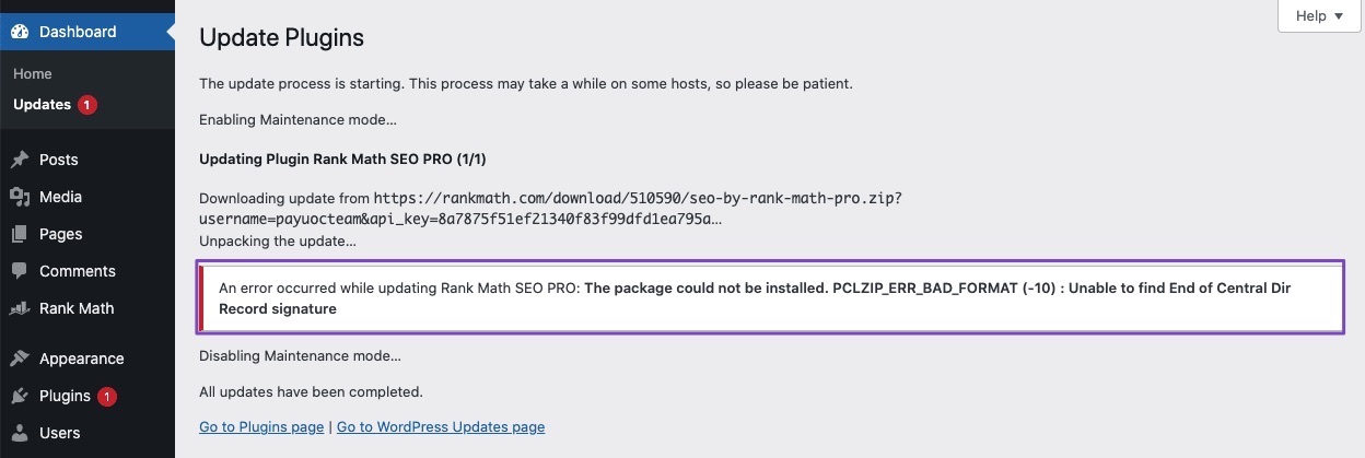 PCLZIP_ERR_BAD_FORMAT (-10): Unable to find End of Central Dir Record signature" error