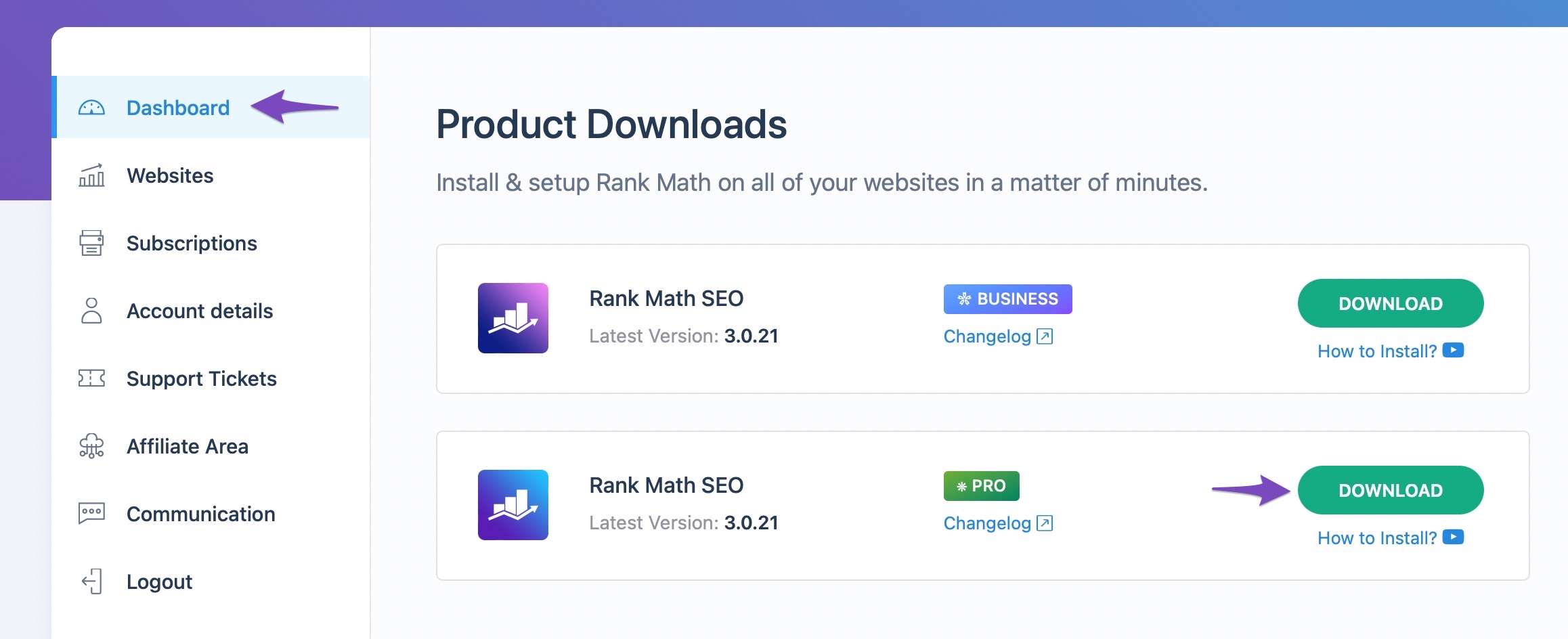 rank math account area