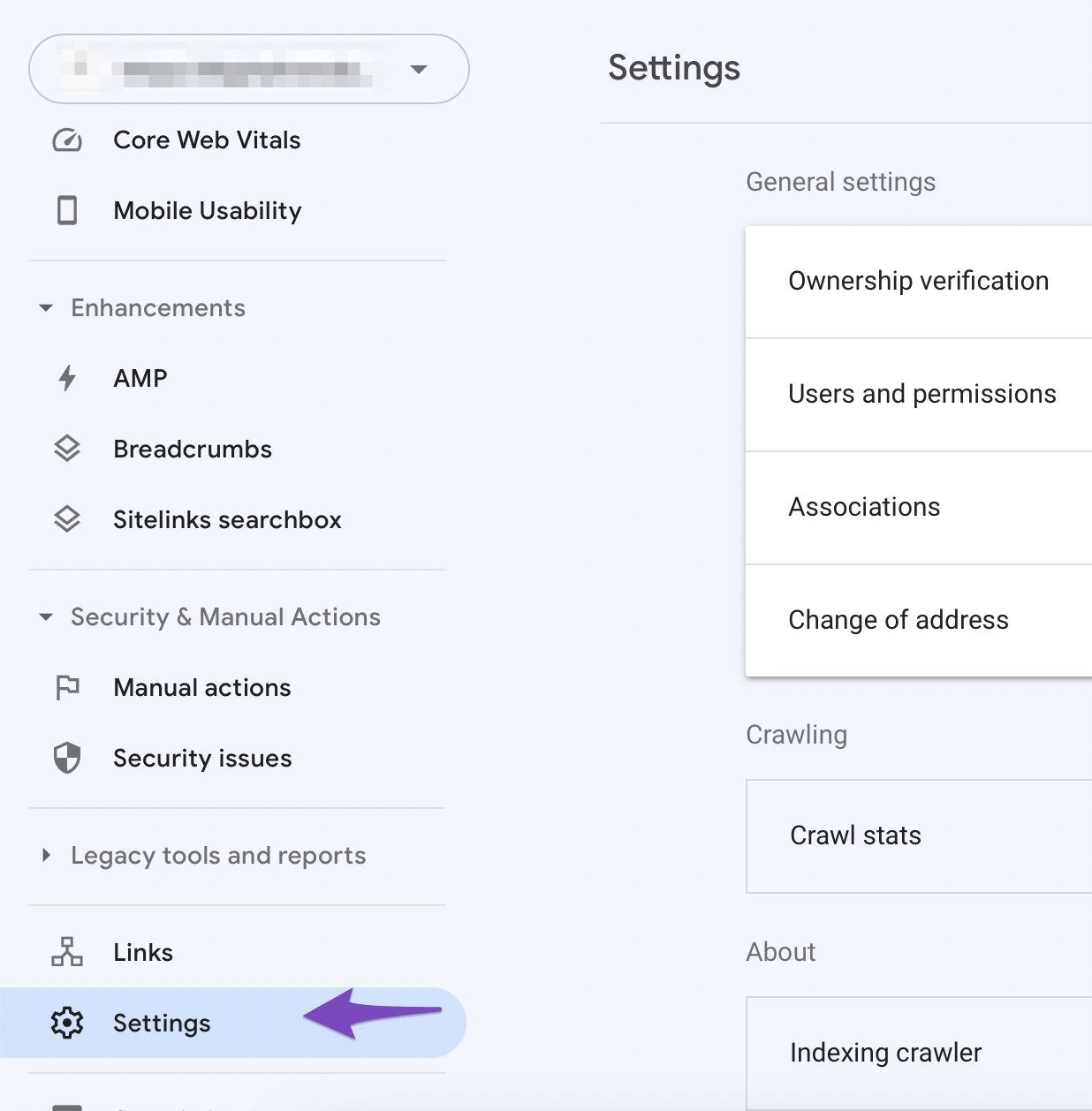 Open settings in Google search console