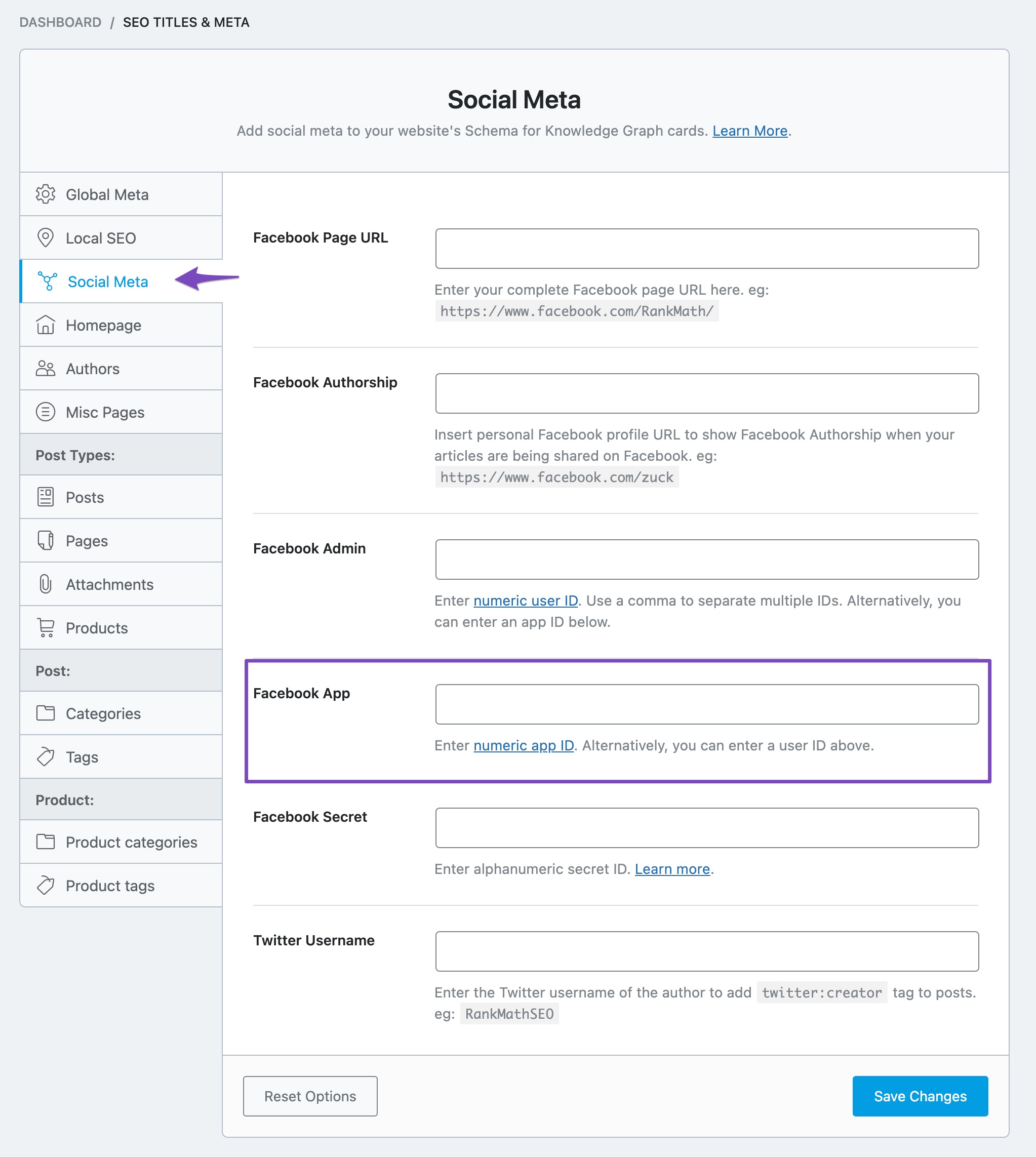 Set Facebook App ID in Rank Math Social Meta