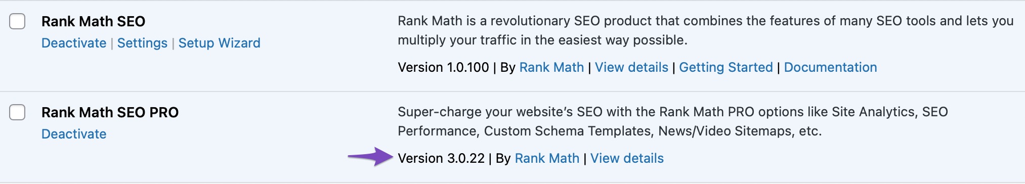 Check the Rank Math PRO version in WordPress