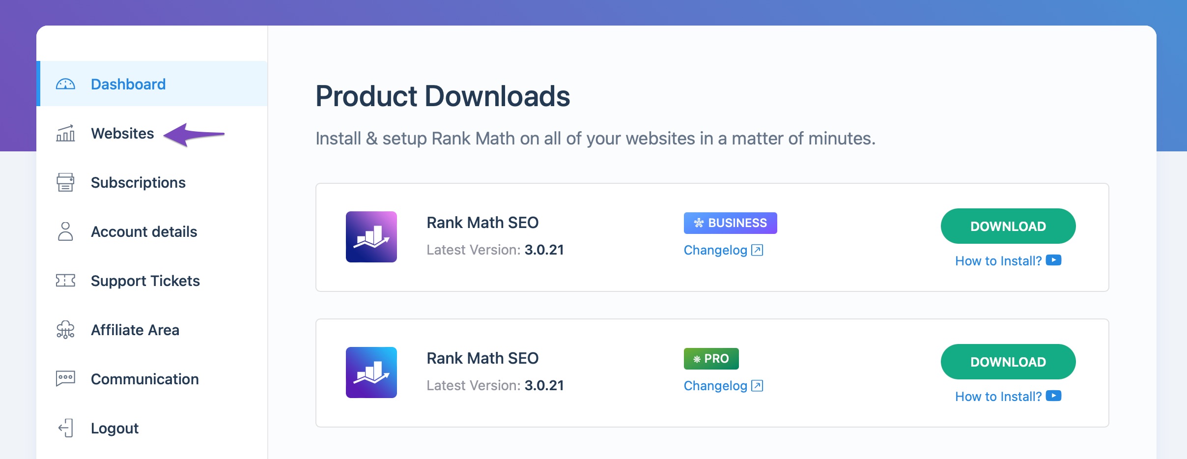 Open Websites section in Rank Math account area