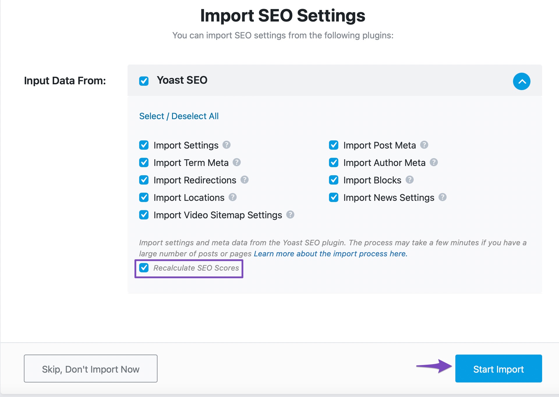 Rank Math로 가져오기 위해 Yoast SEO 플러그인에서 사용할 수 있는 입력 데이터