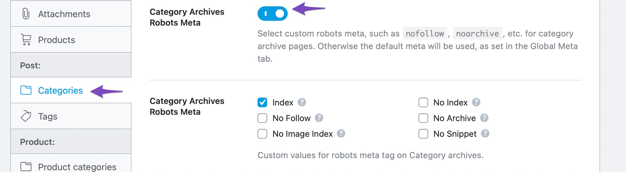 category archive robots meta option