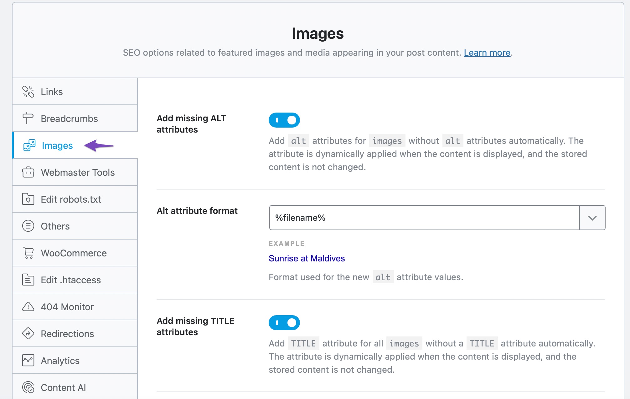 Image SEO options in Rank Math