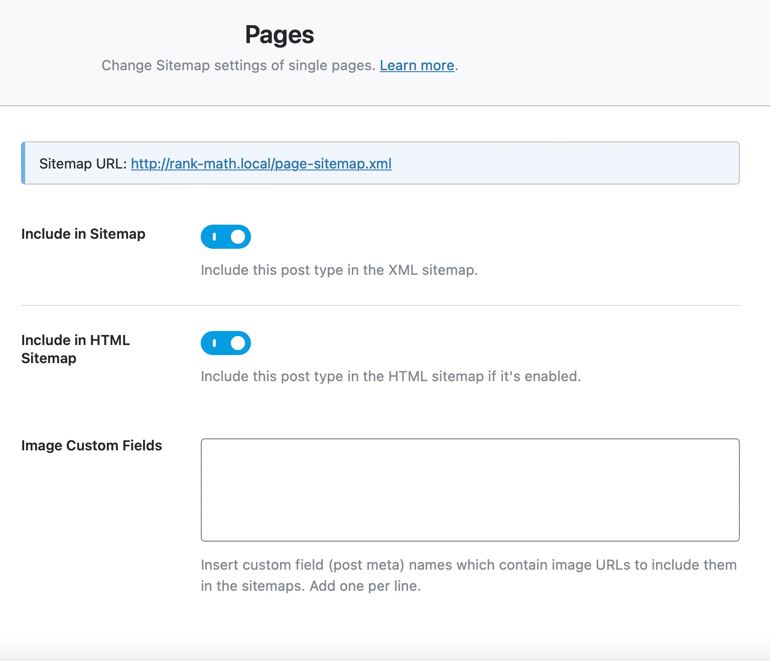 all options in the pages sitemap tab