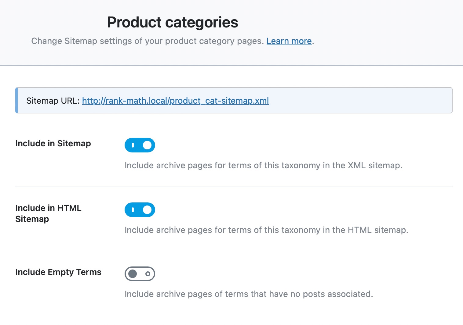 all options in product categories sitemaps