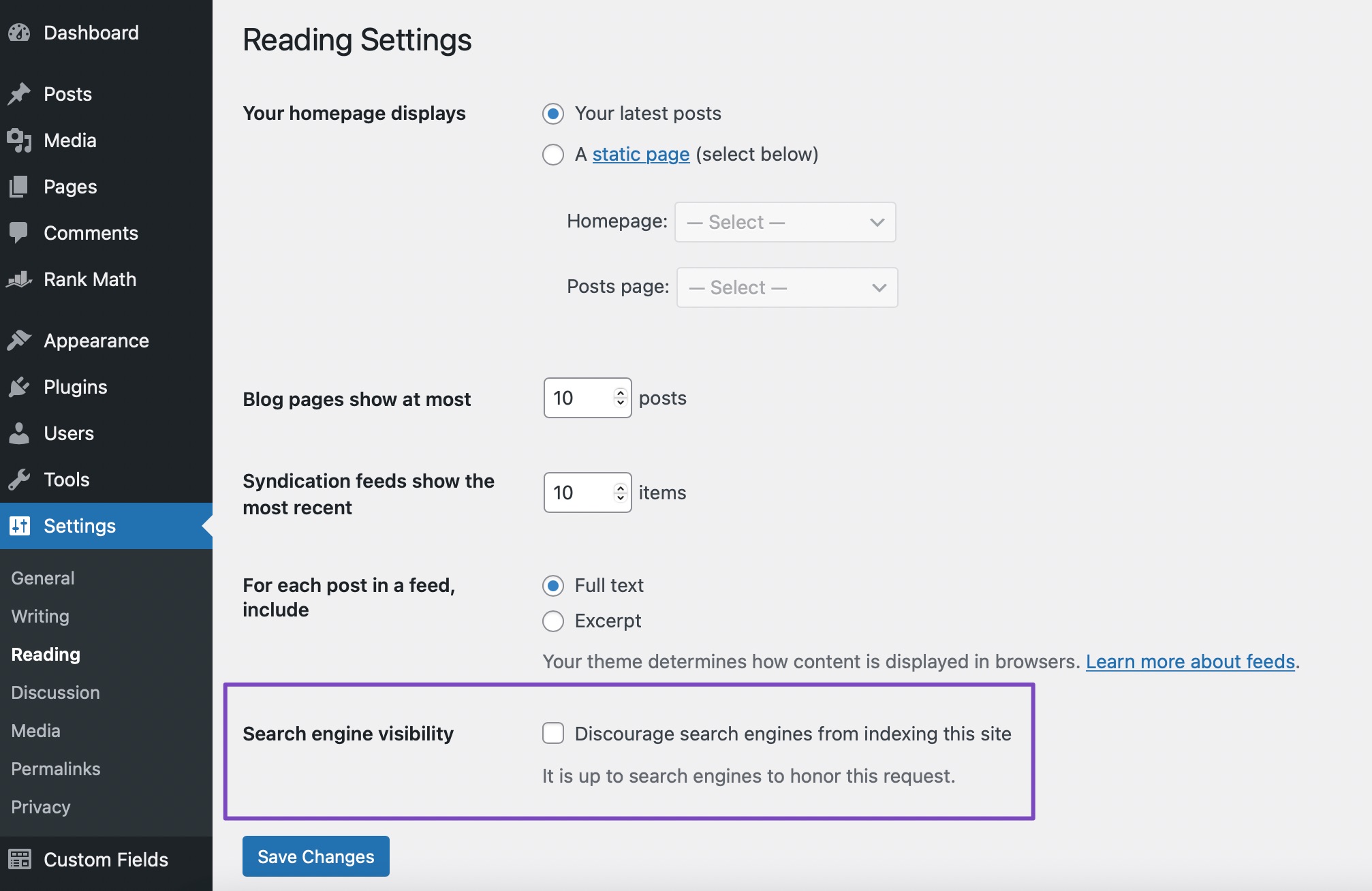 WordPress setting to block search engines from indexing the whole site