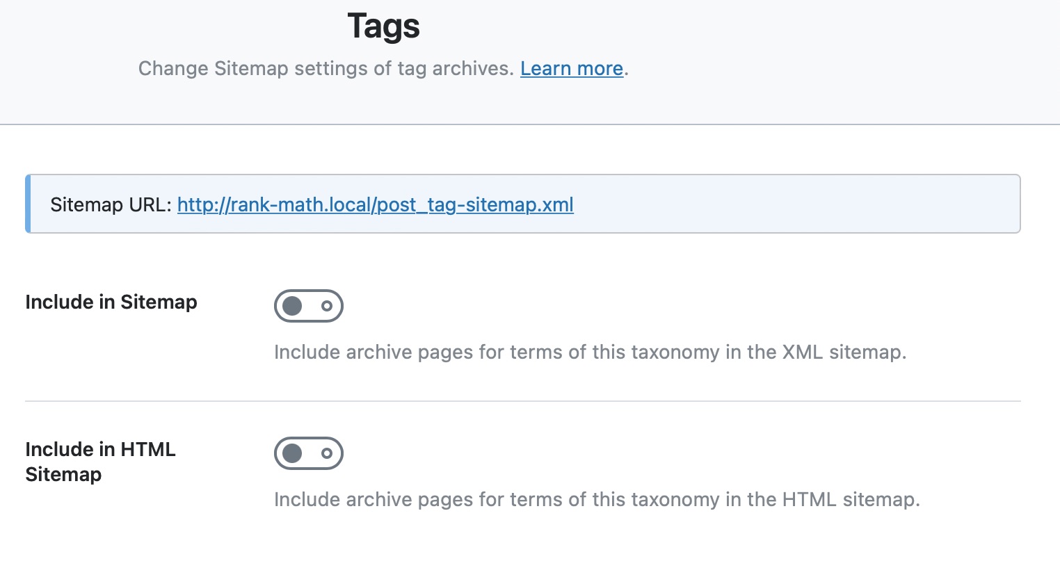 Sitemap settings for Tags