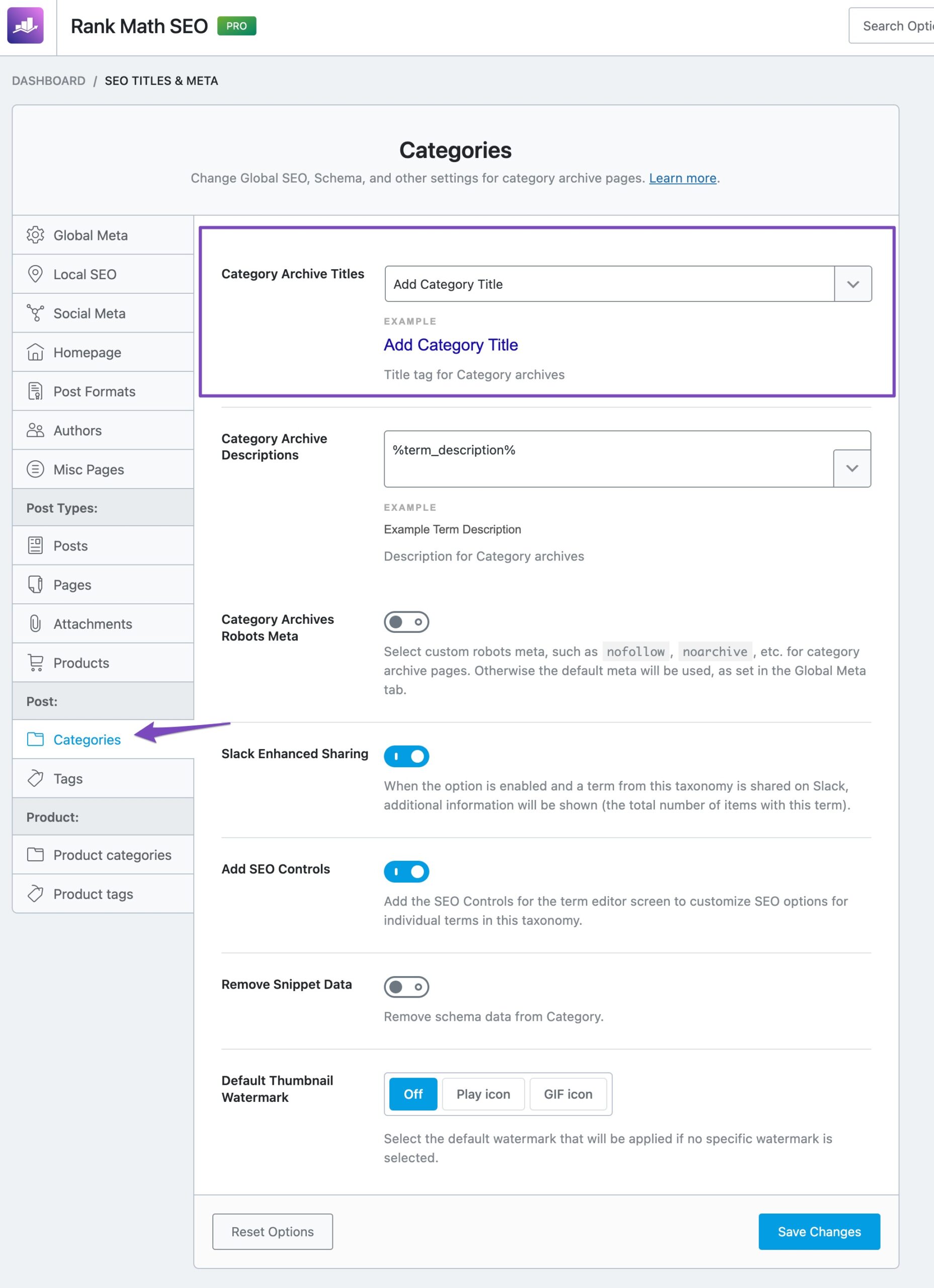 Categories Title & Meta Settings