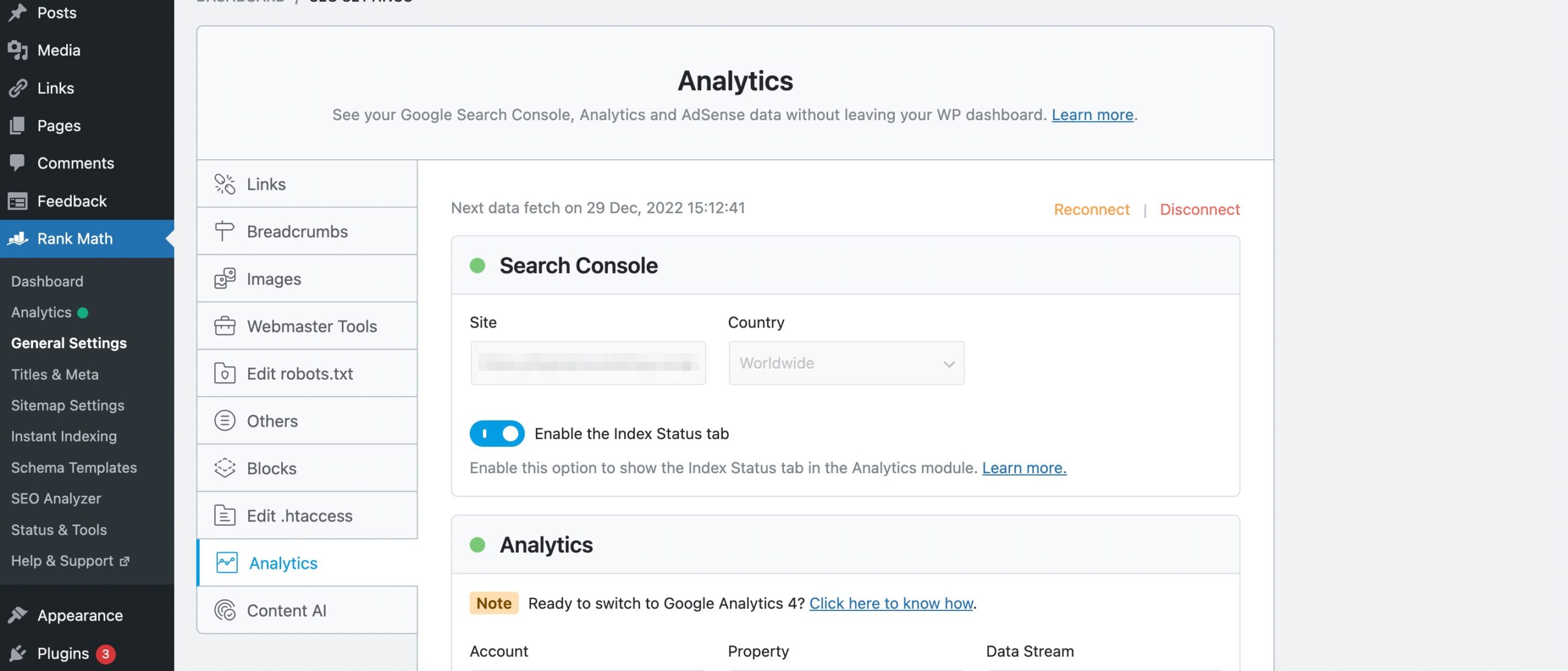 Search Console connected in Rank Math