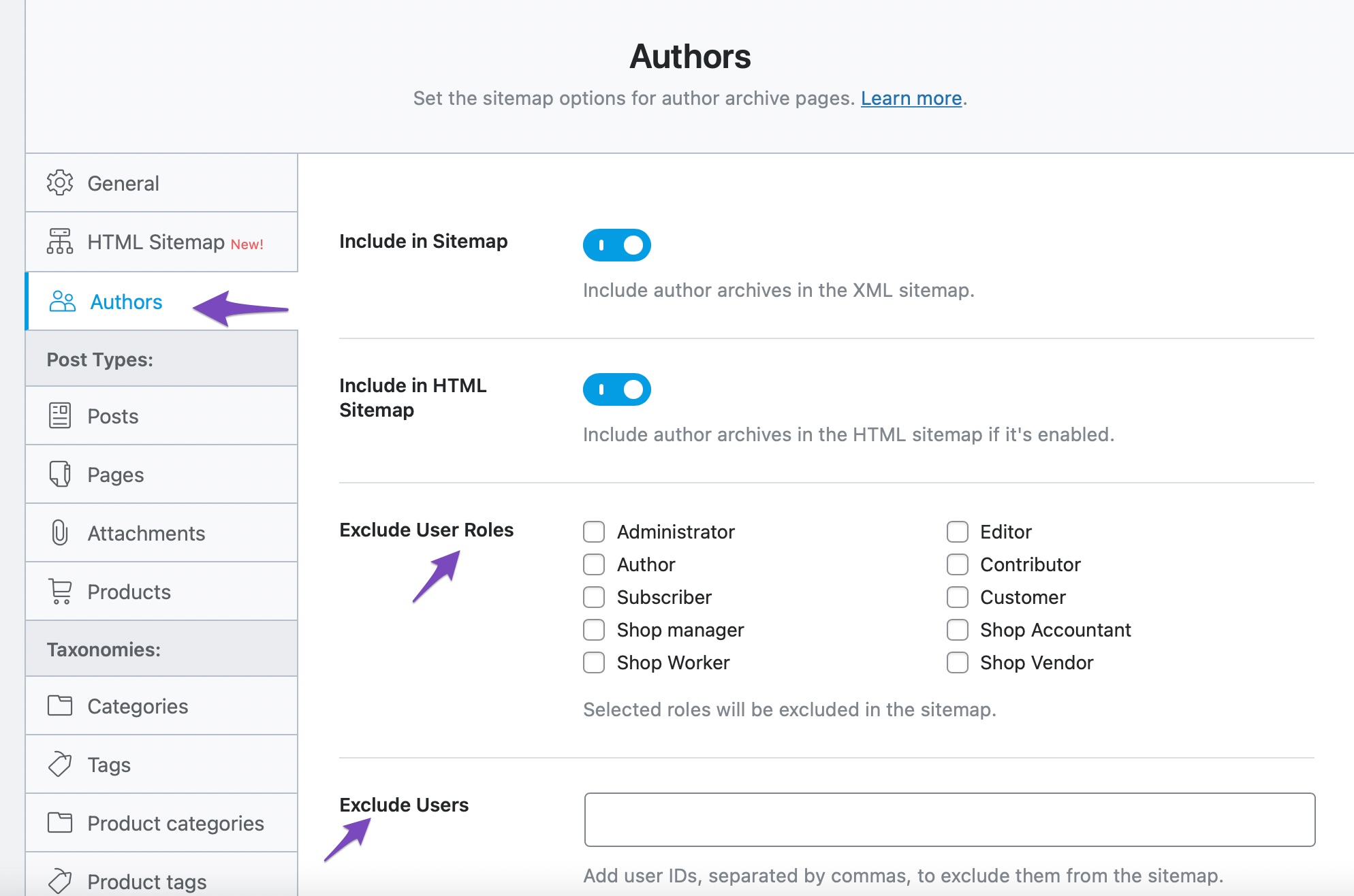 Exclude options in Author Sitemap settings