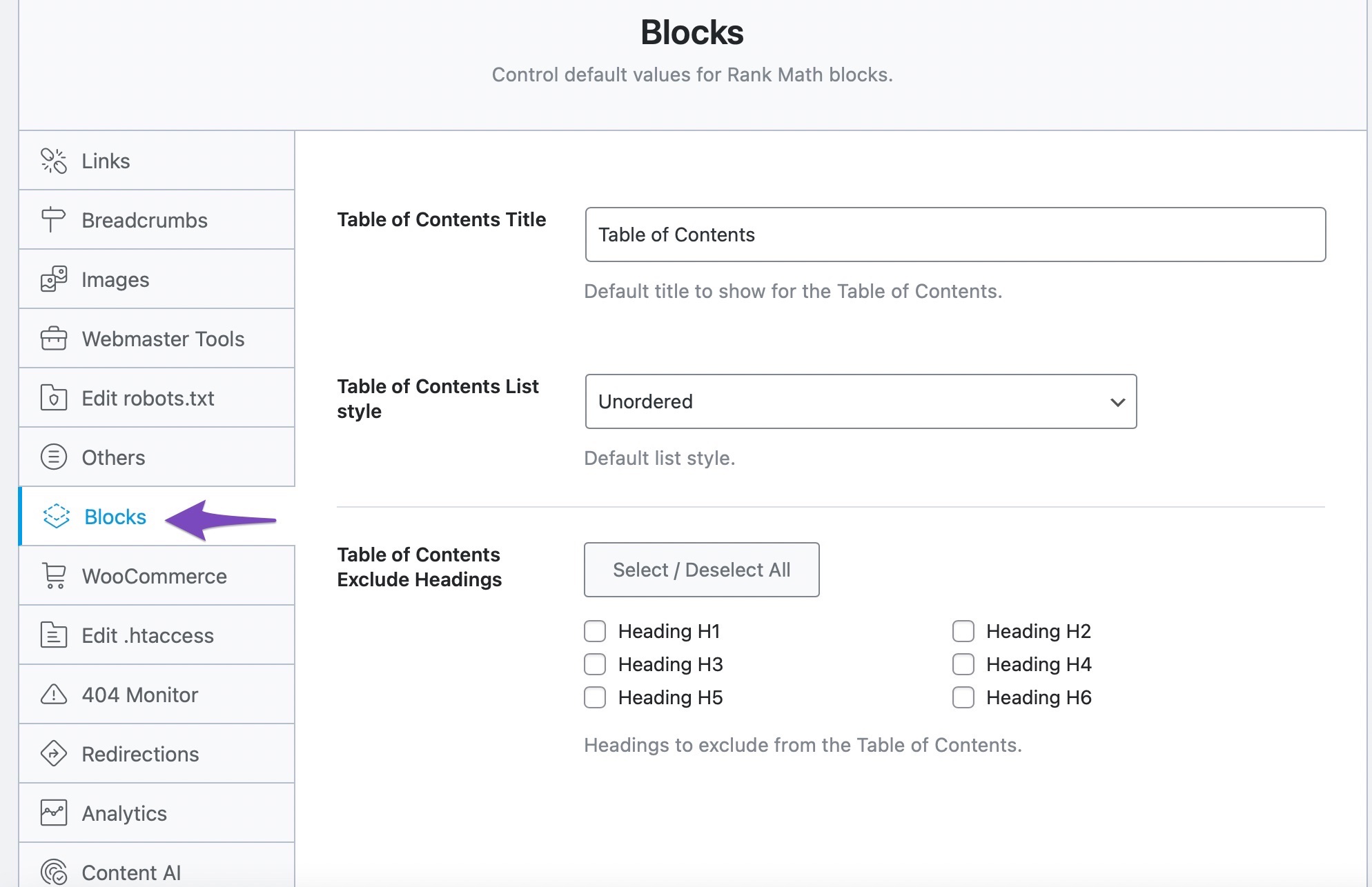 Blocks settings
