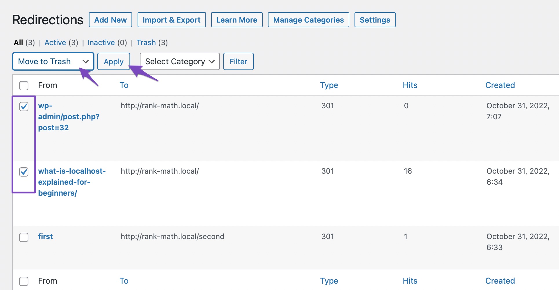 Delete Multiple Redirections