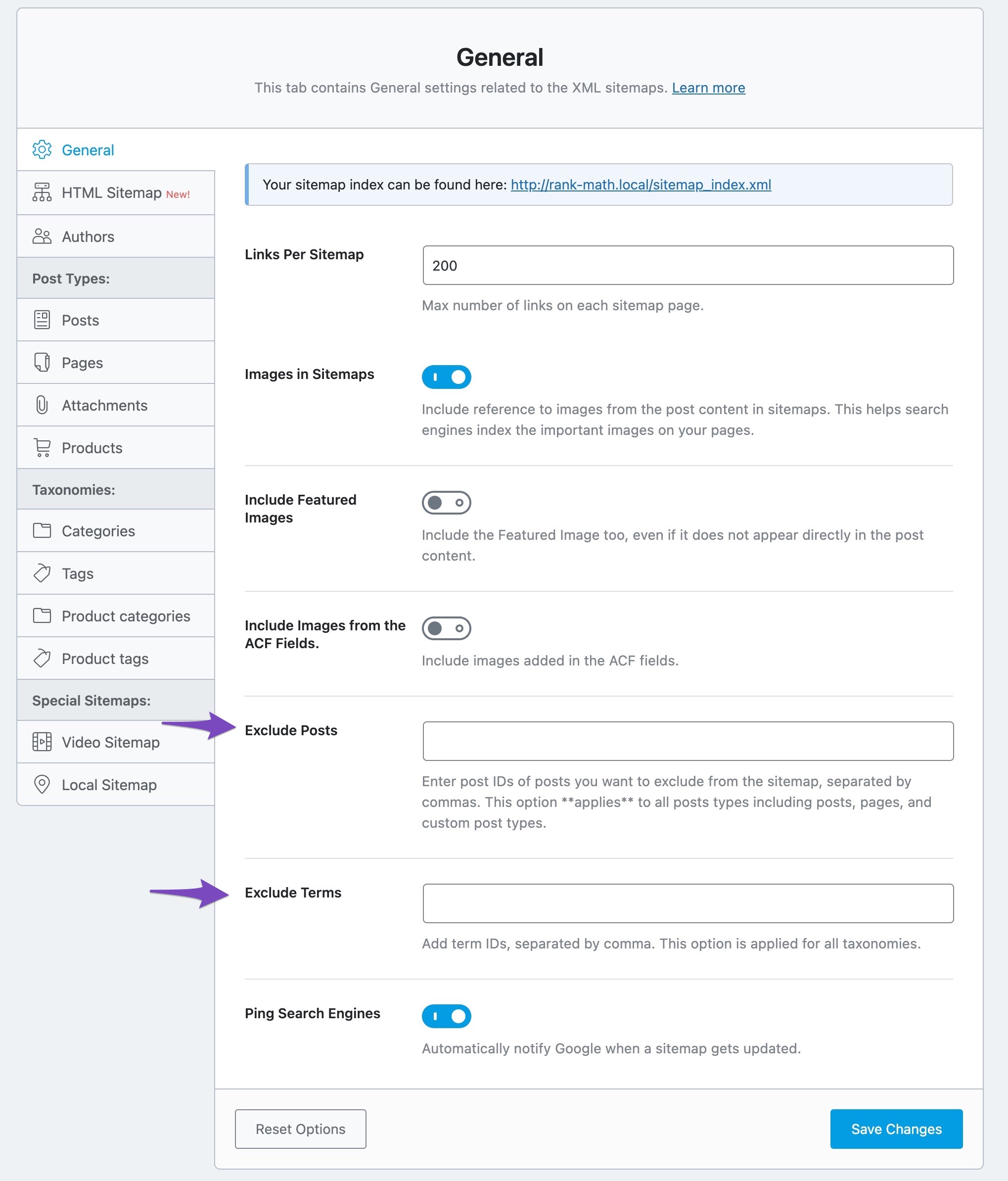 Exclude posts and terms in Sitemap settings