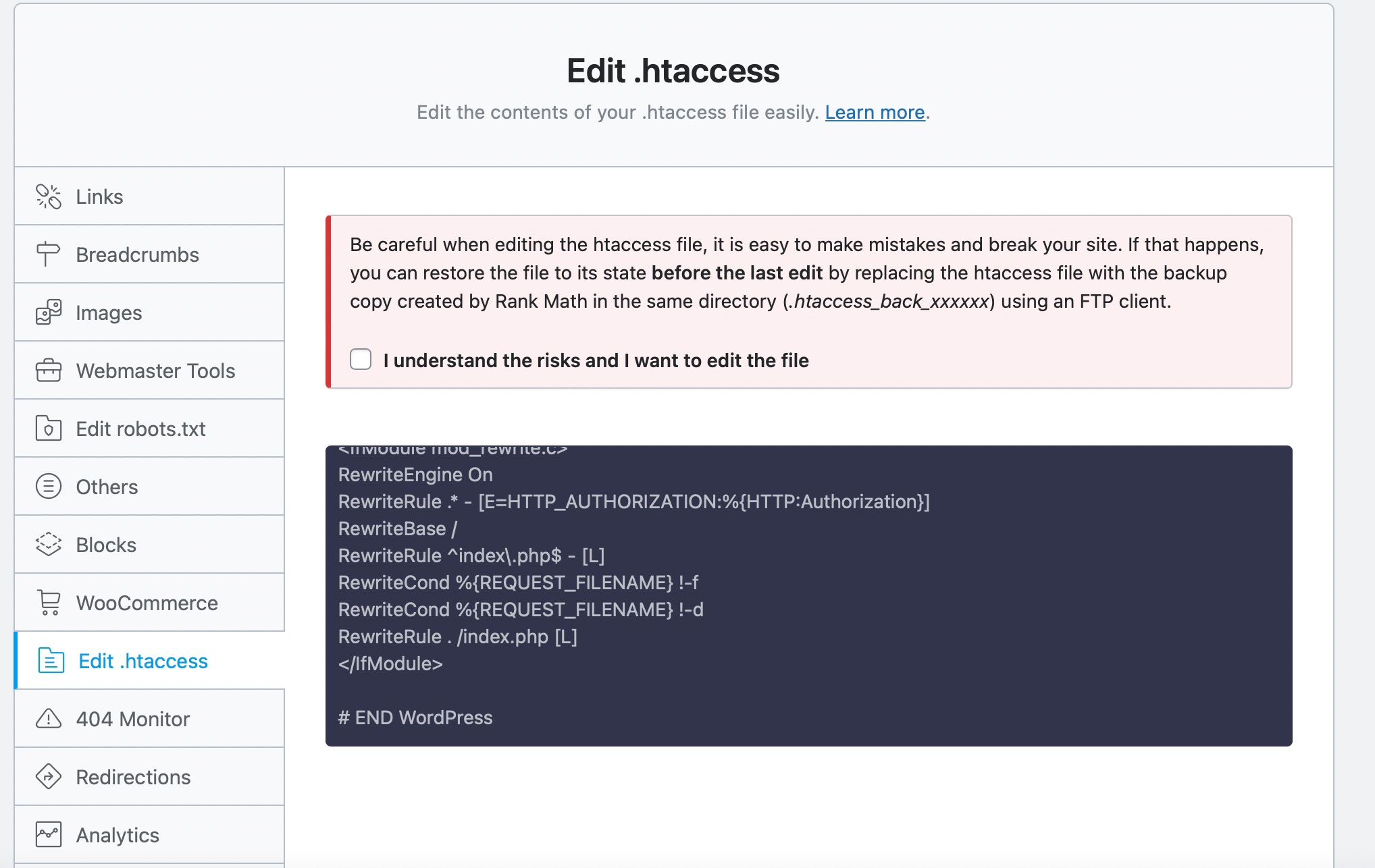 Edit .htaccess with Rank Math