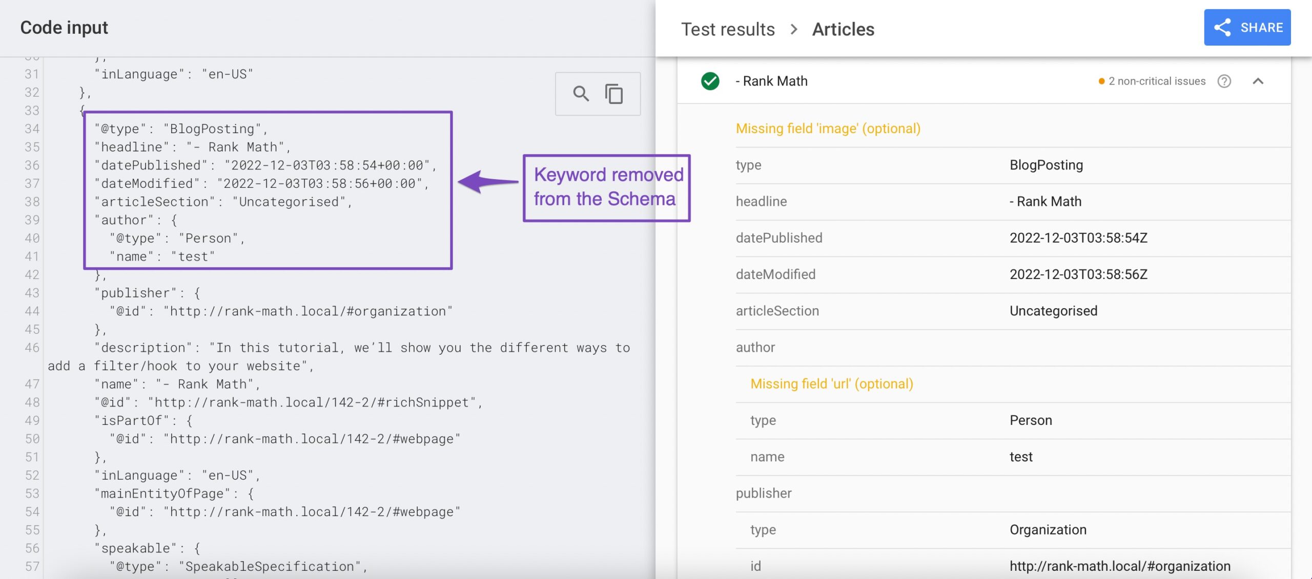 Keywords removed from the Schema