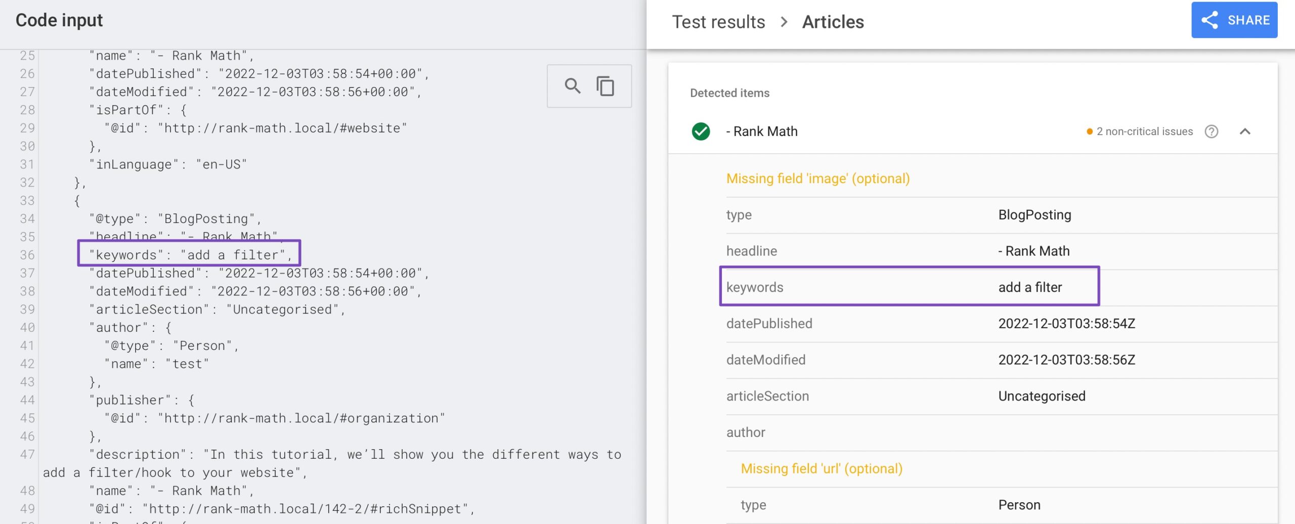 Keywords added to Article Schema