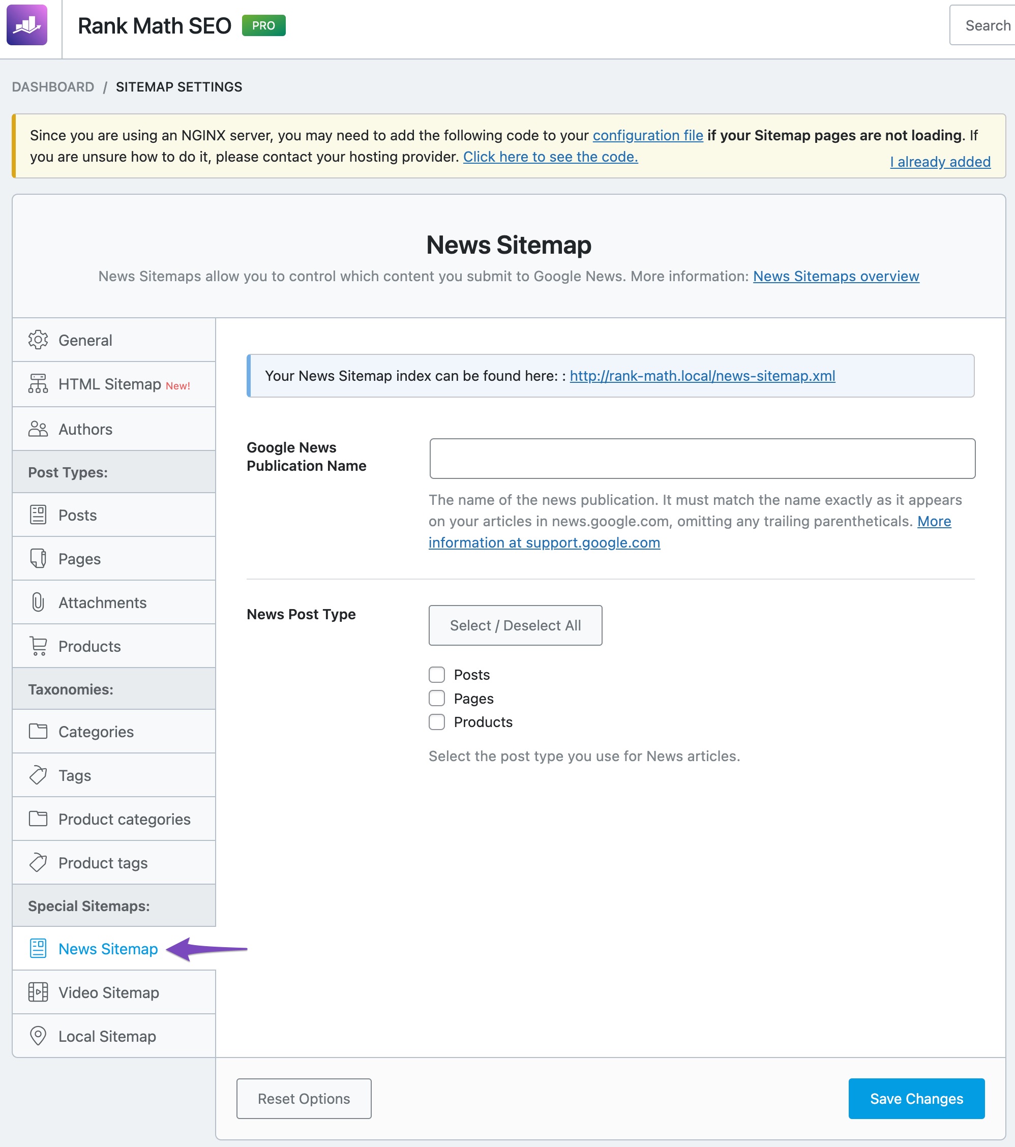 News Sitemap settings