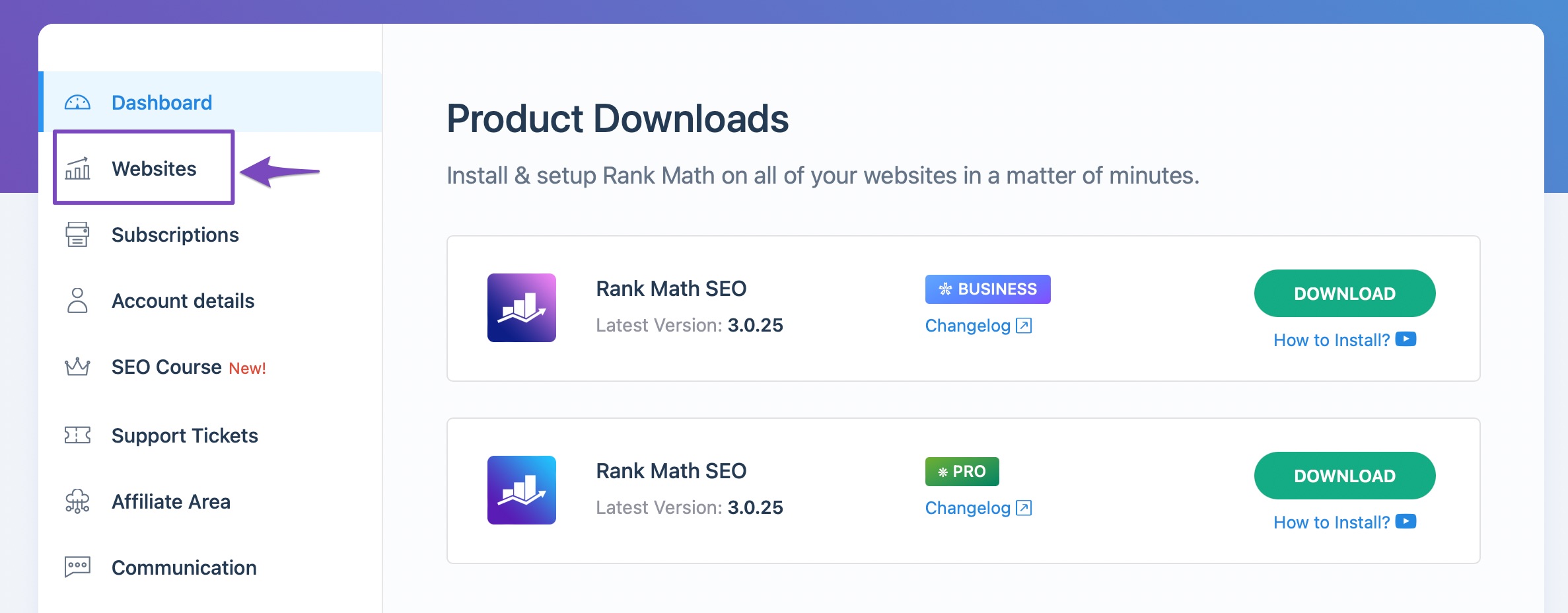 Rank Math Websites tab