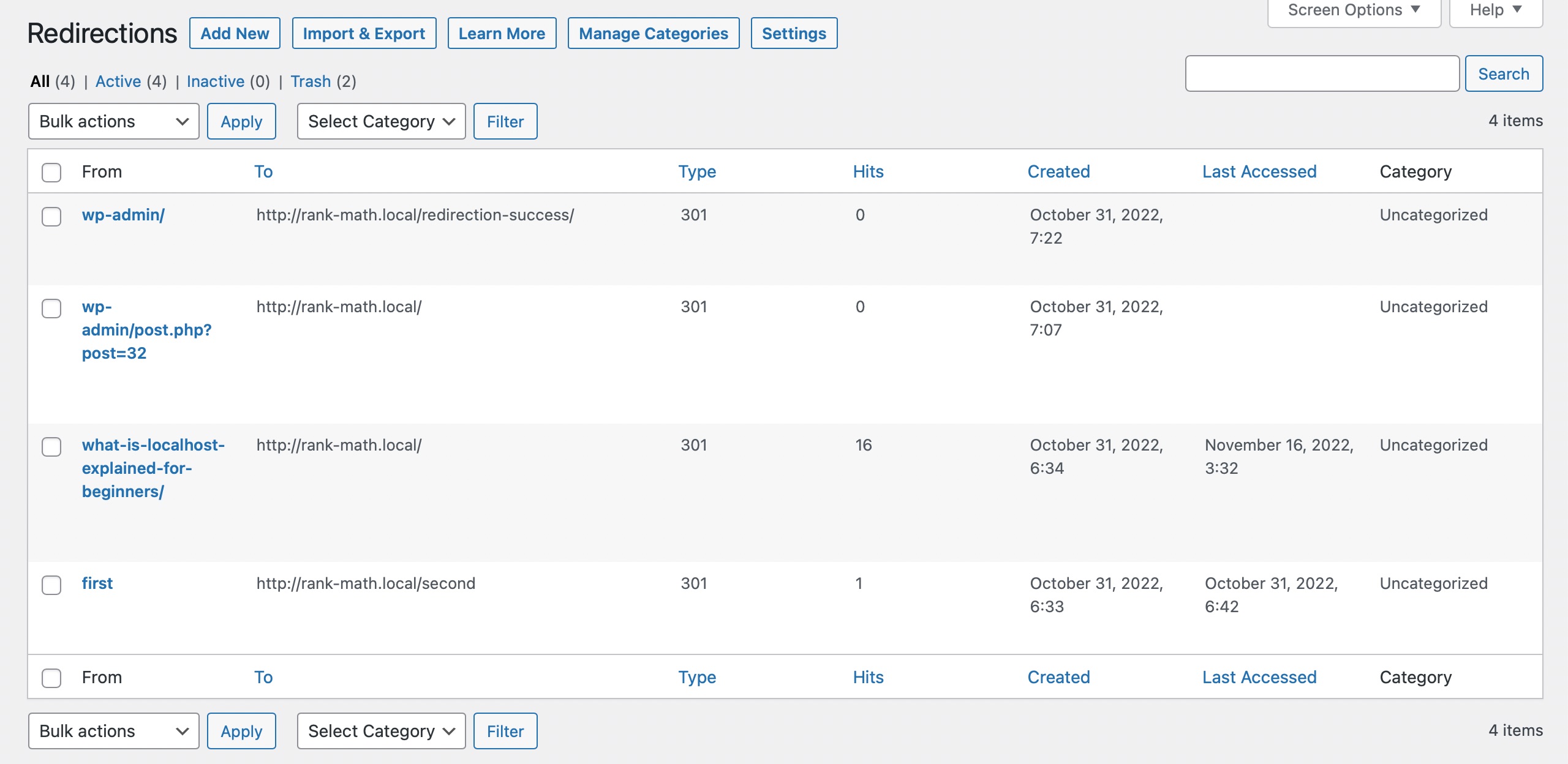 Redirections page in Rank Math