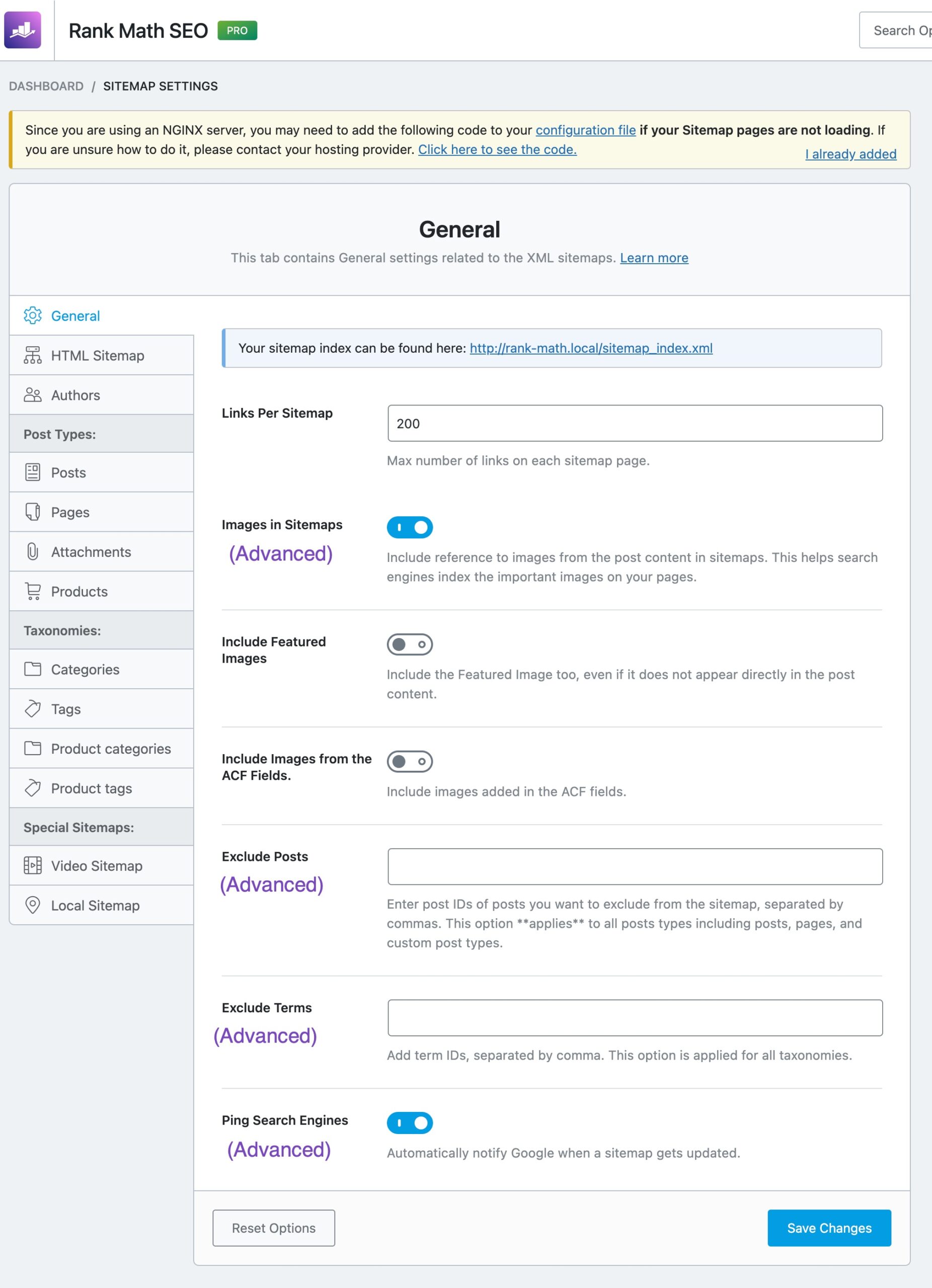 Sitemap settings available in Rank Math Advanced Mode