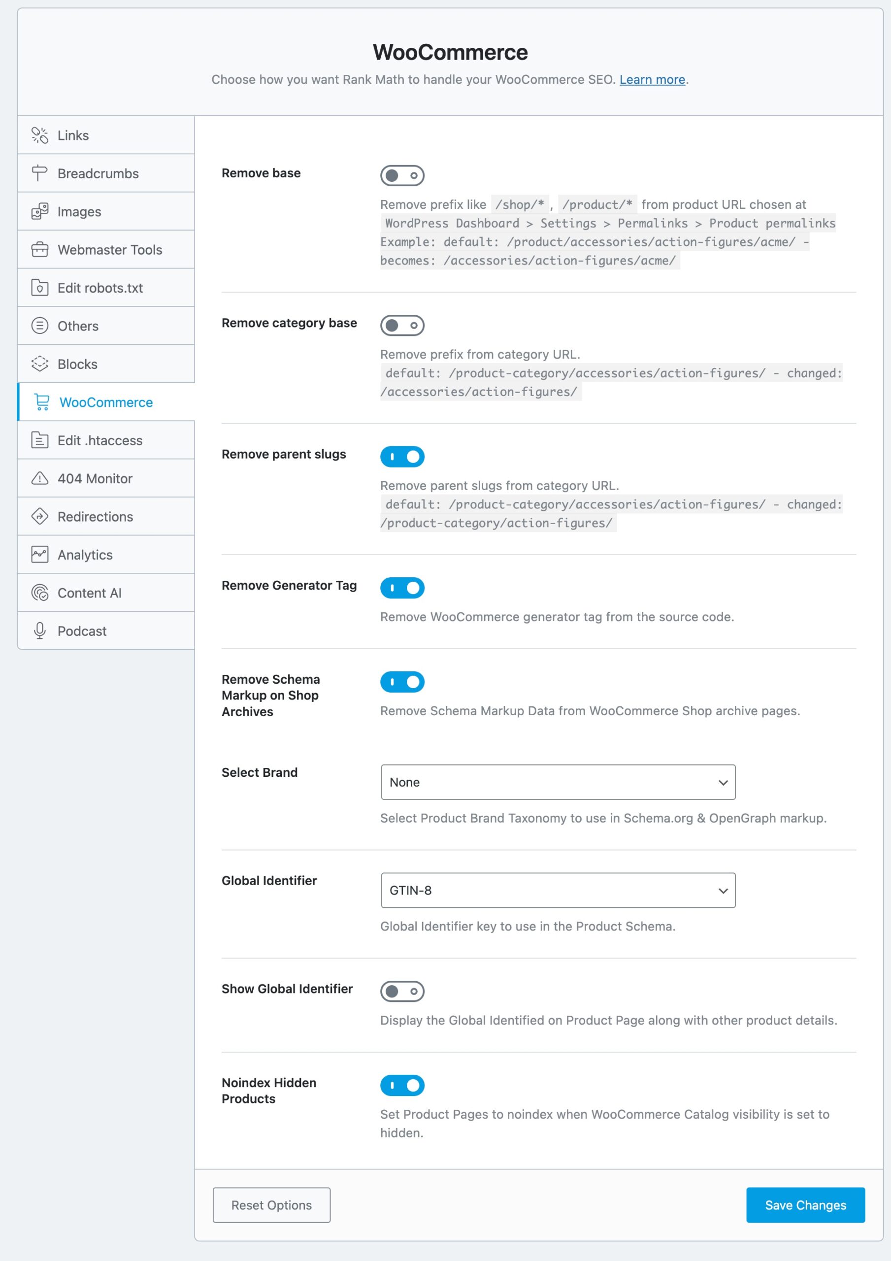 WooCommerce settings in Rank Math