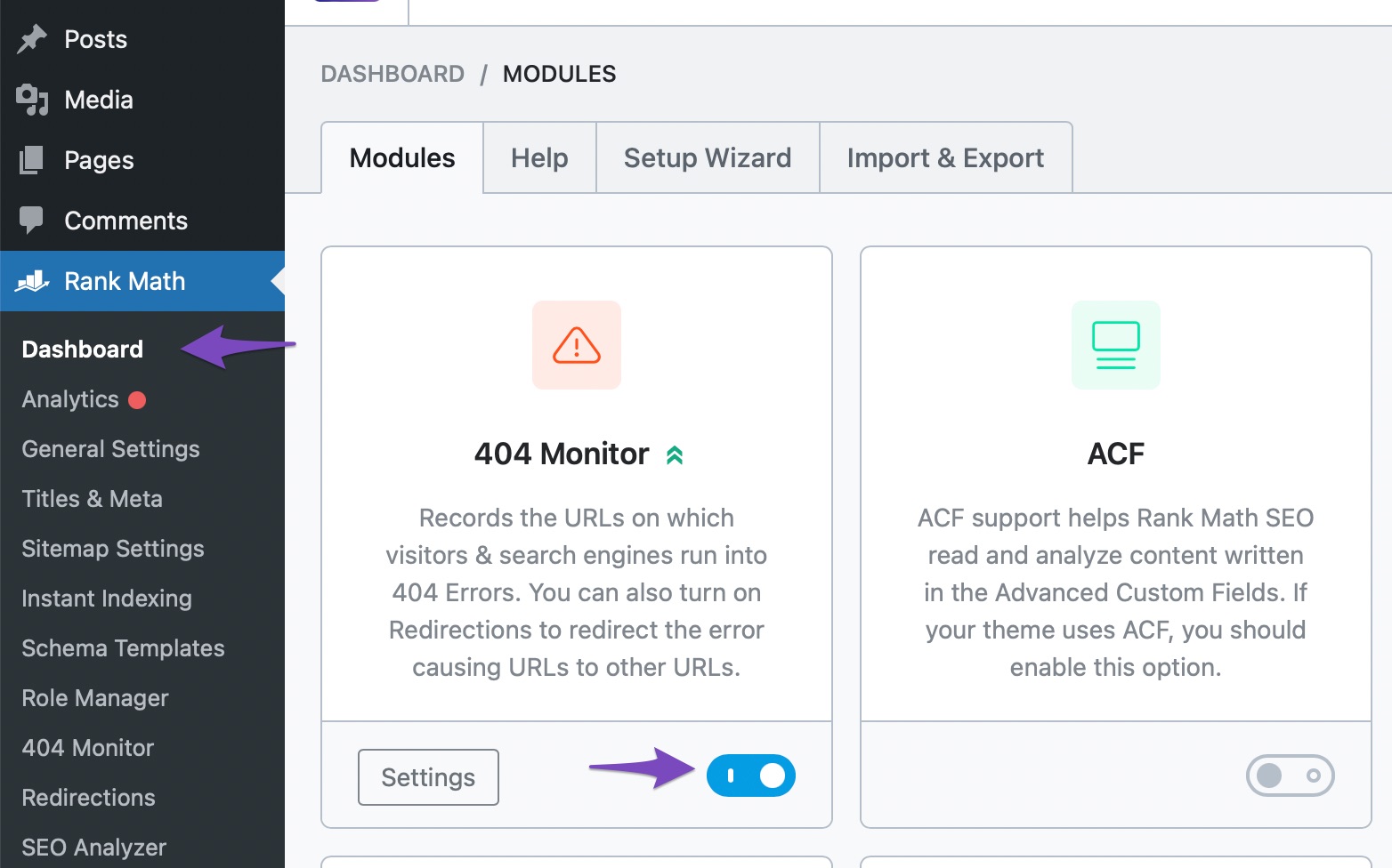 Enable 404 Monitor module in Rank Math Dashboard