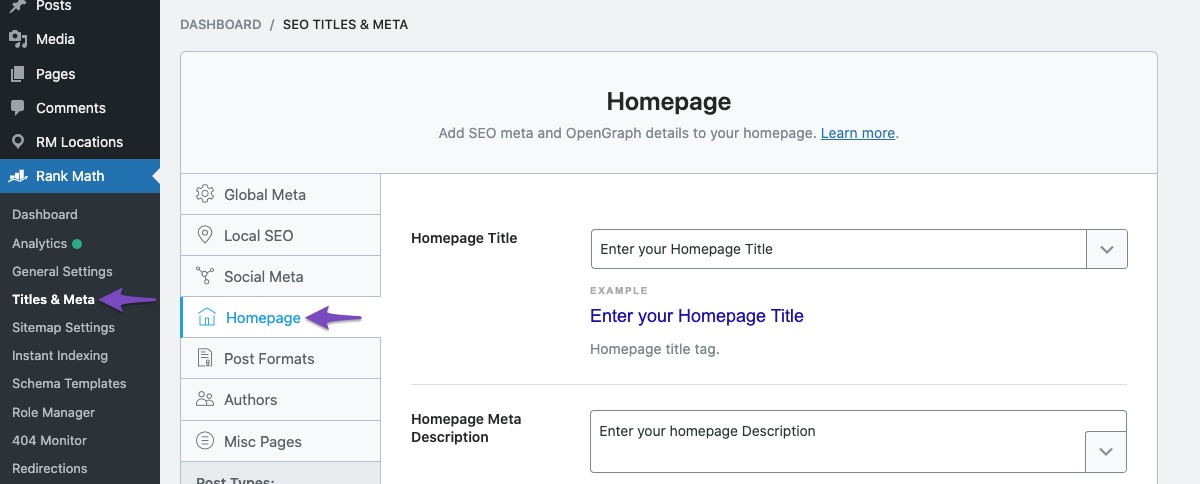 Homepage Titles & Meta settings