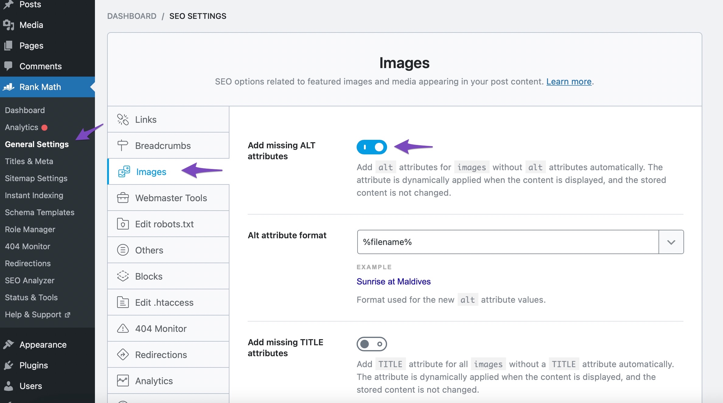 Navigate to the Image Settings in Rank Math