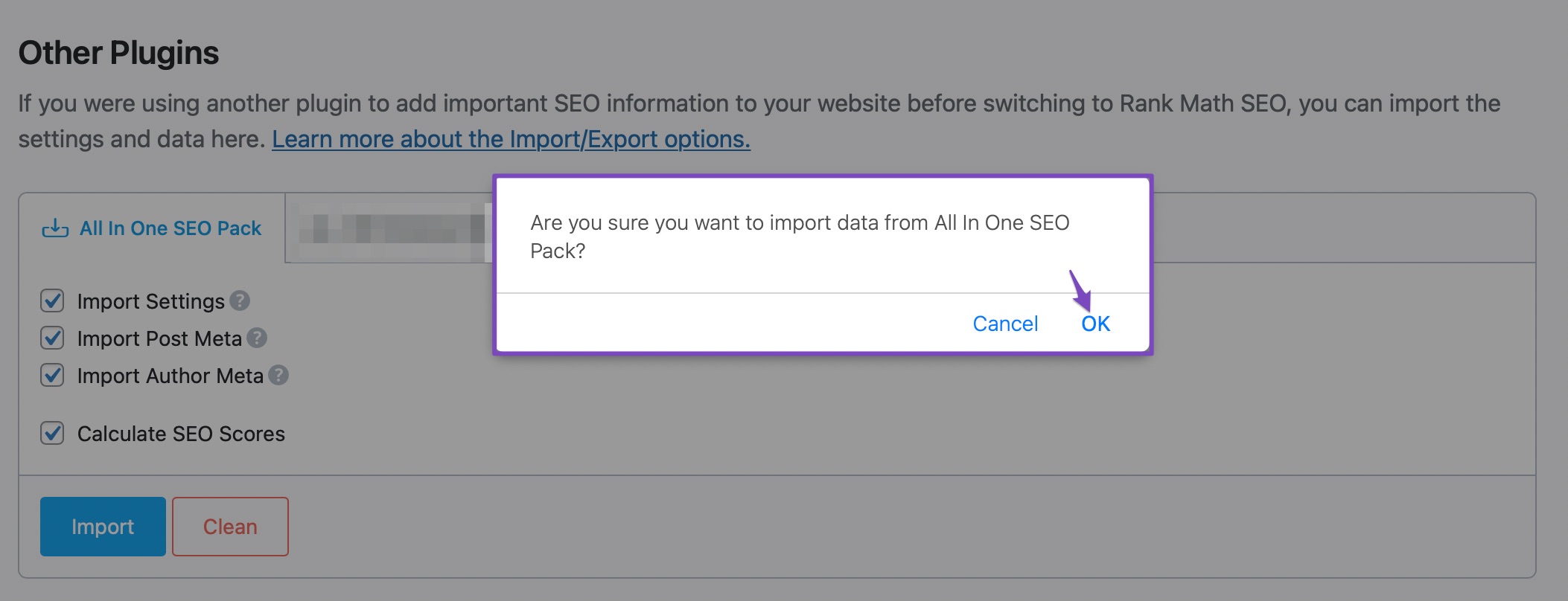 All In One SEO Pack import confirmation prompt
