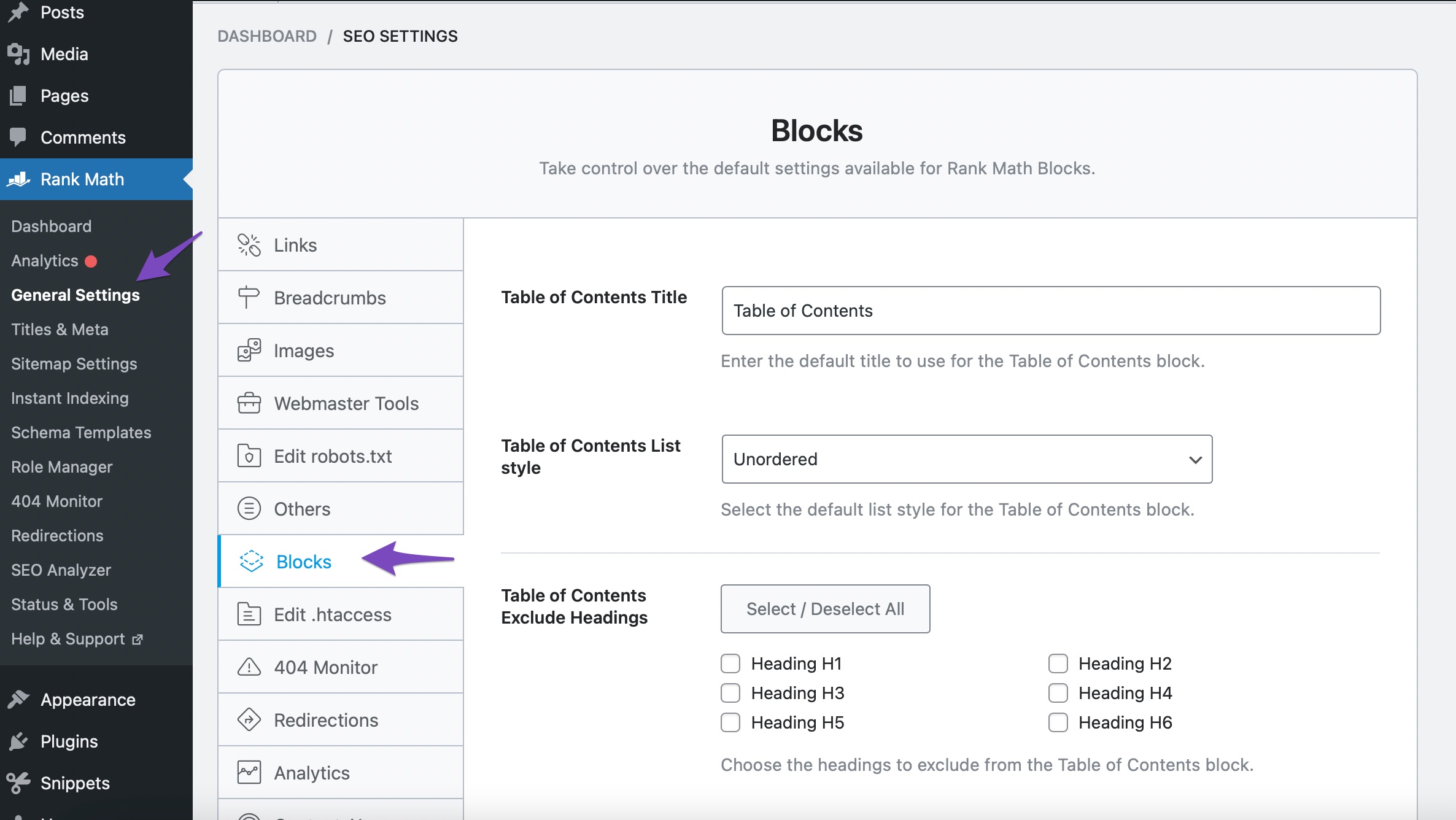 Customize TOC Block settings