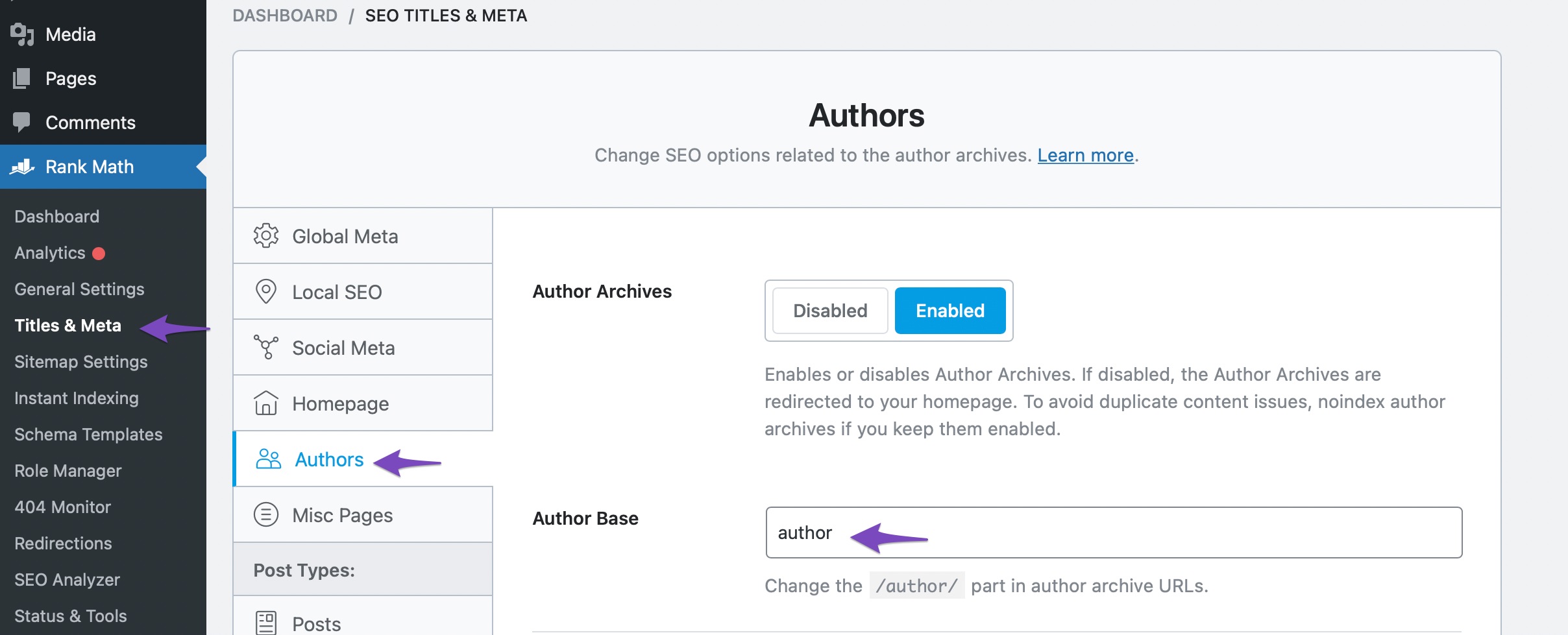 Changing author base in Rank Math Titles & Meta settings