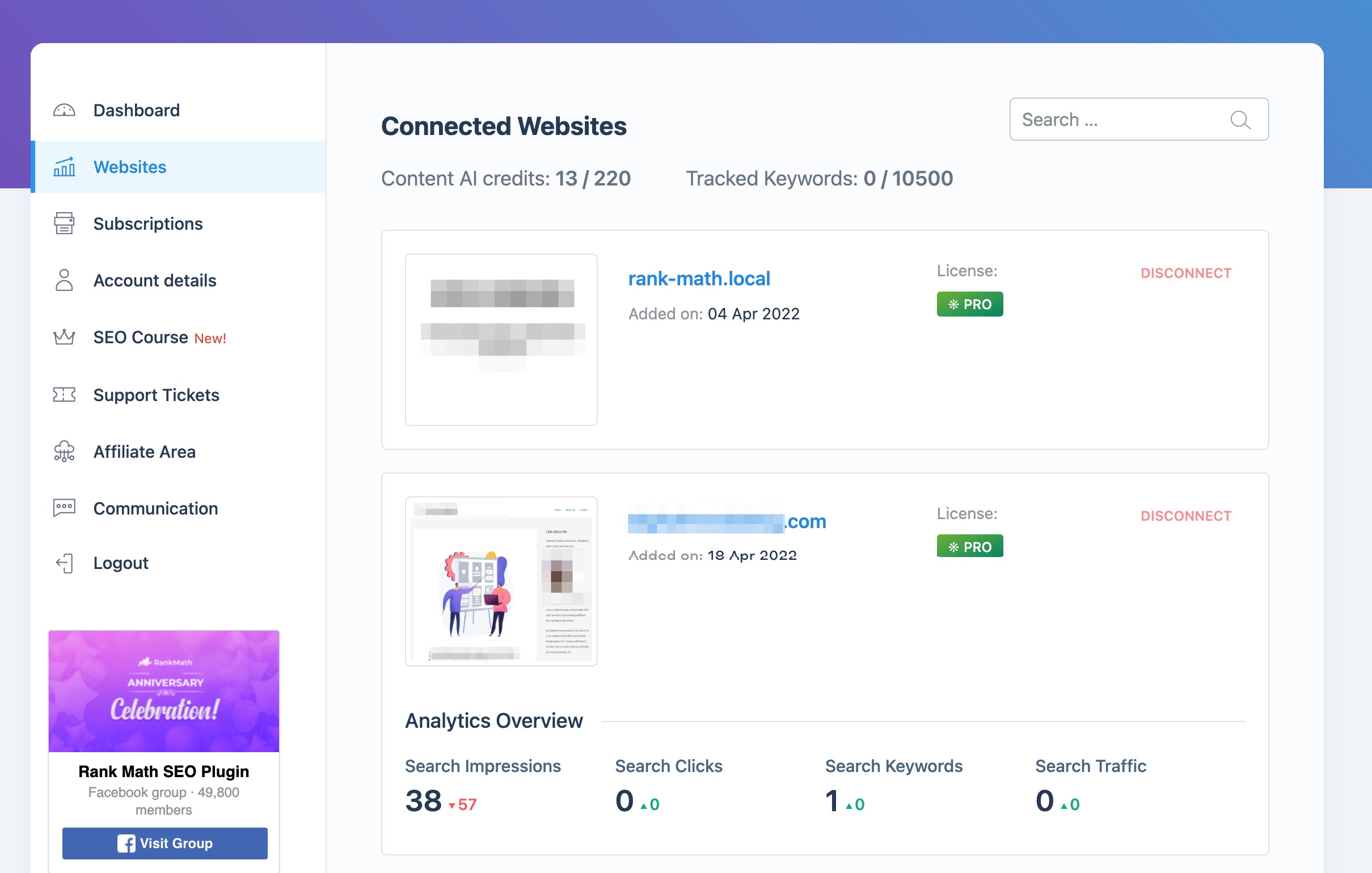 Connected websites in Rank Math Client Management dashboard