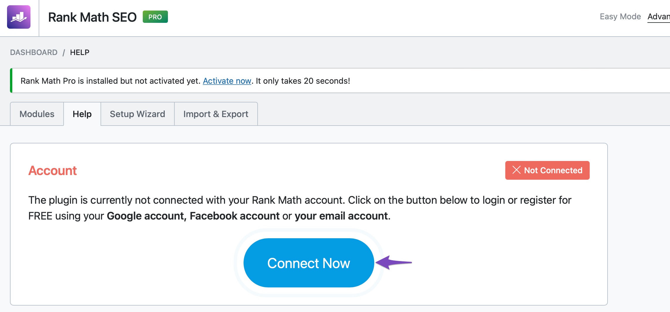 Click Connect Now in Rank Math