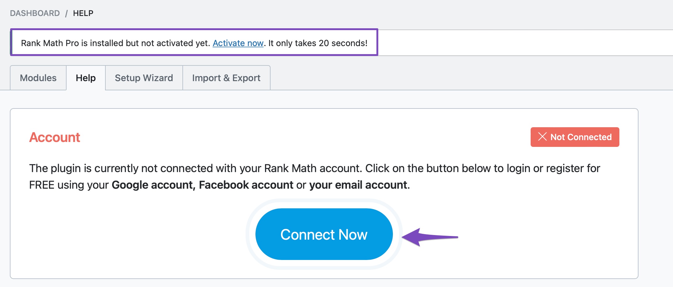 Click Connect Now to activate Rank Math