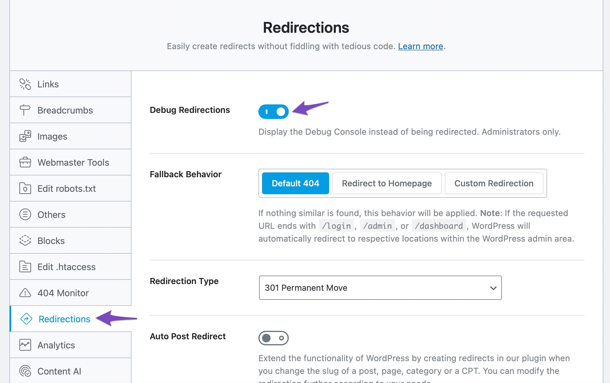 Enable Debug Redirections on Rank Math