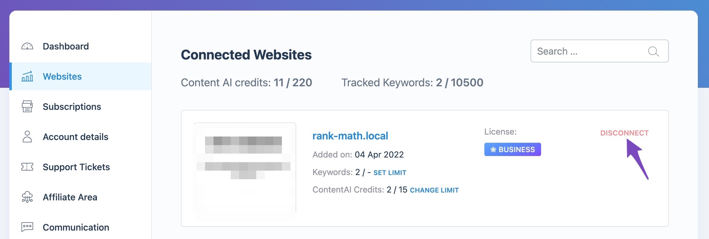 Disconnect connected website from Client Management dashboard