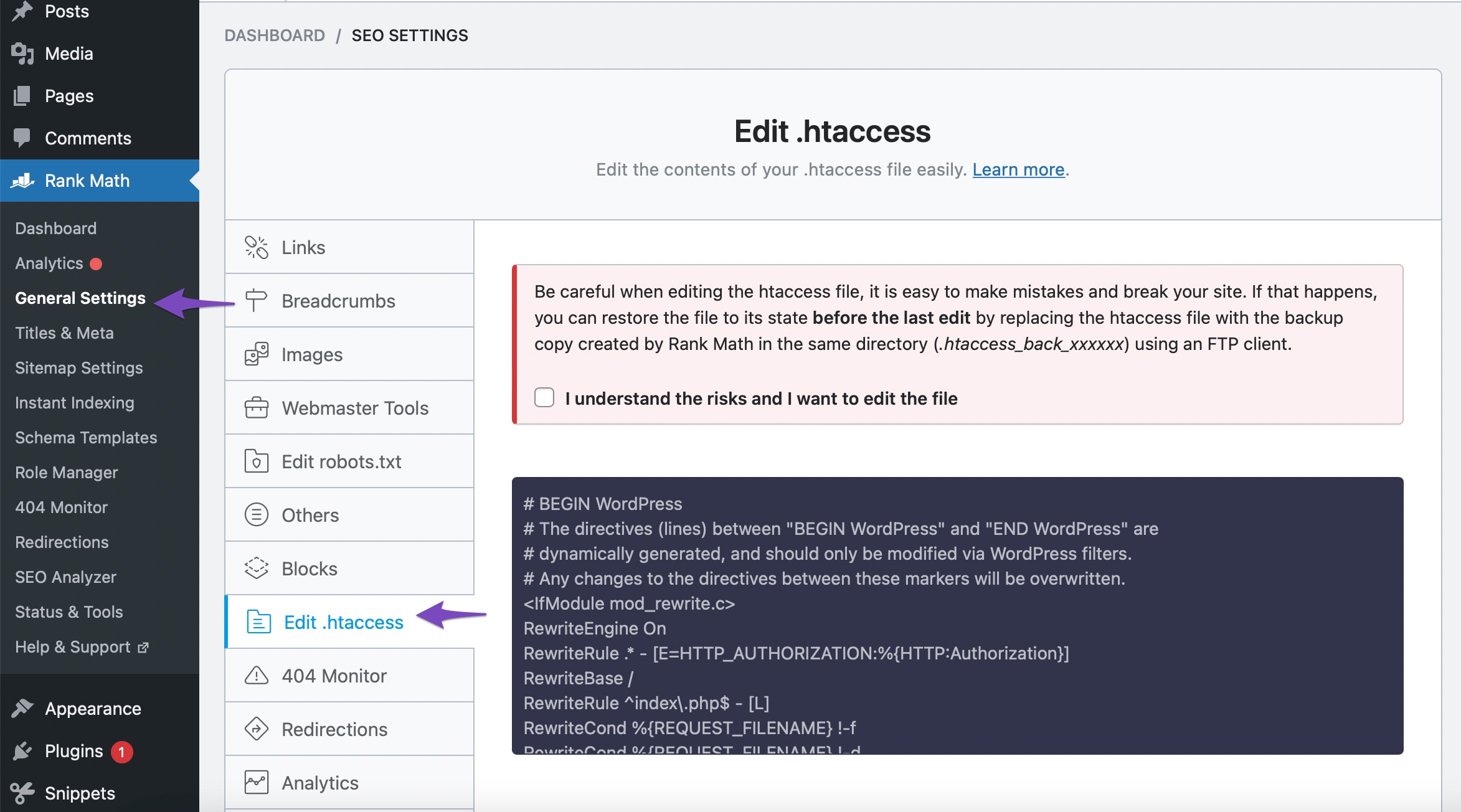 Edit .htaccess file in Rank Math