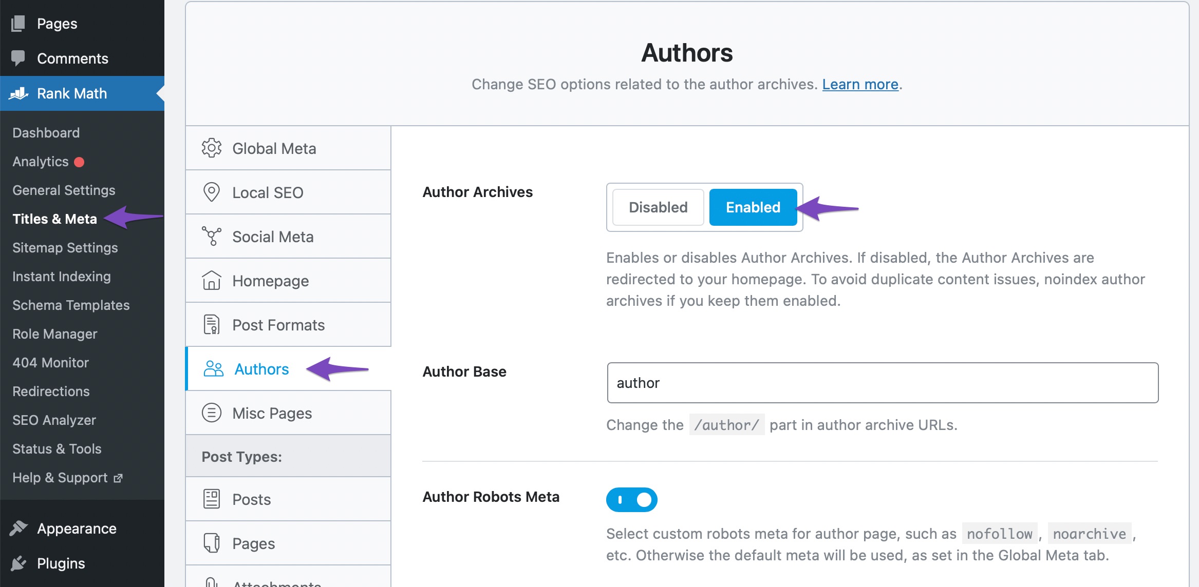 Enable Author archives in Rank Math Titles & Meta