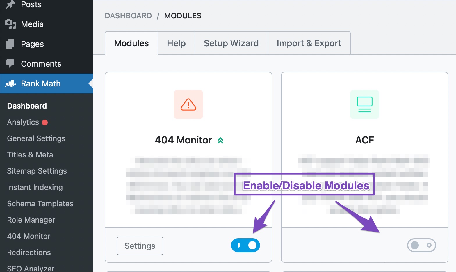 Enable/Disable Modules in Rank Math